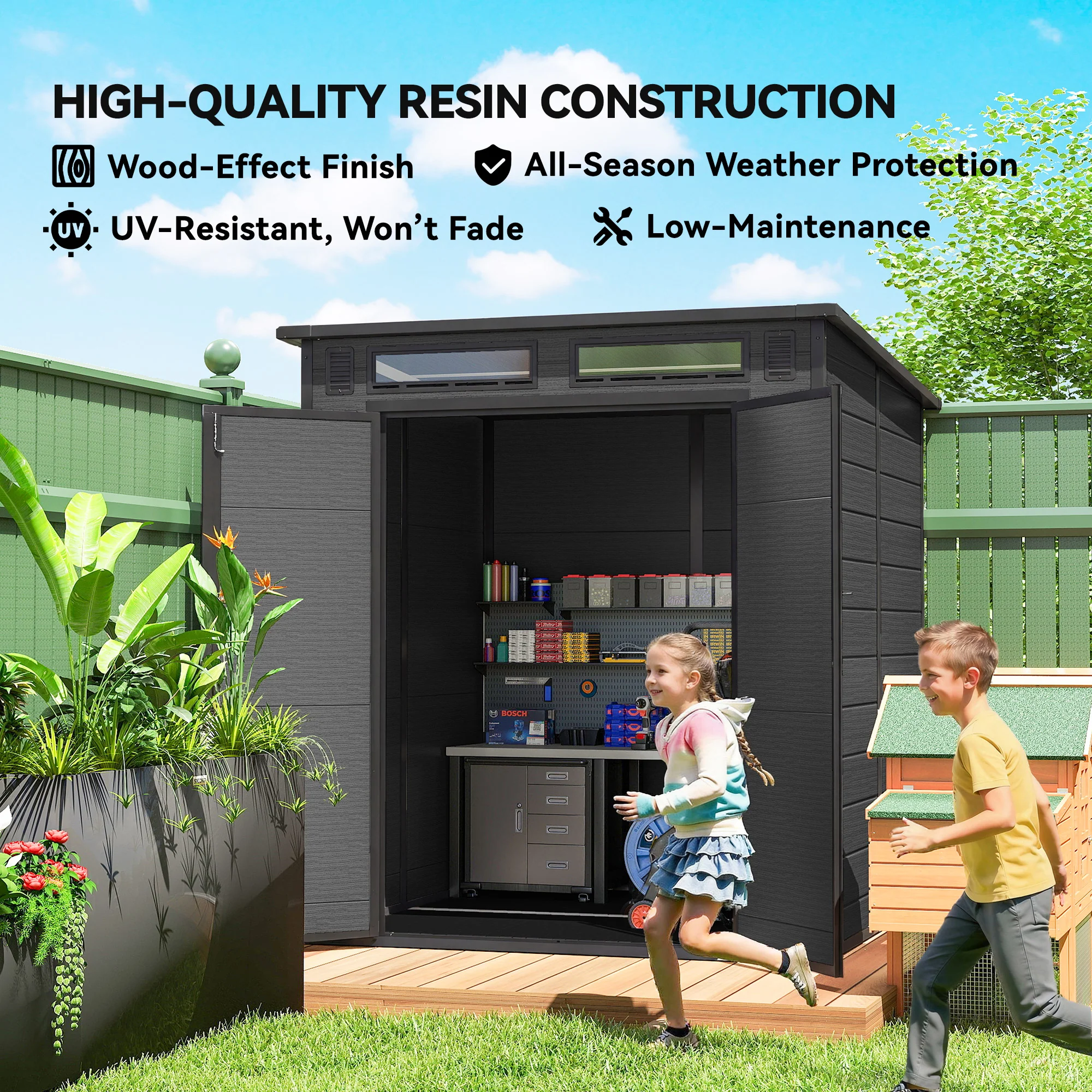 Outsunny 6 X 6 Ft Plastic Garden Shed With Floor, Lockable Doors, Dark Grey - Image 8