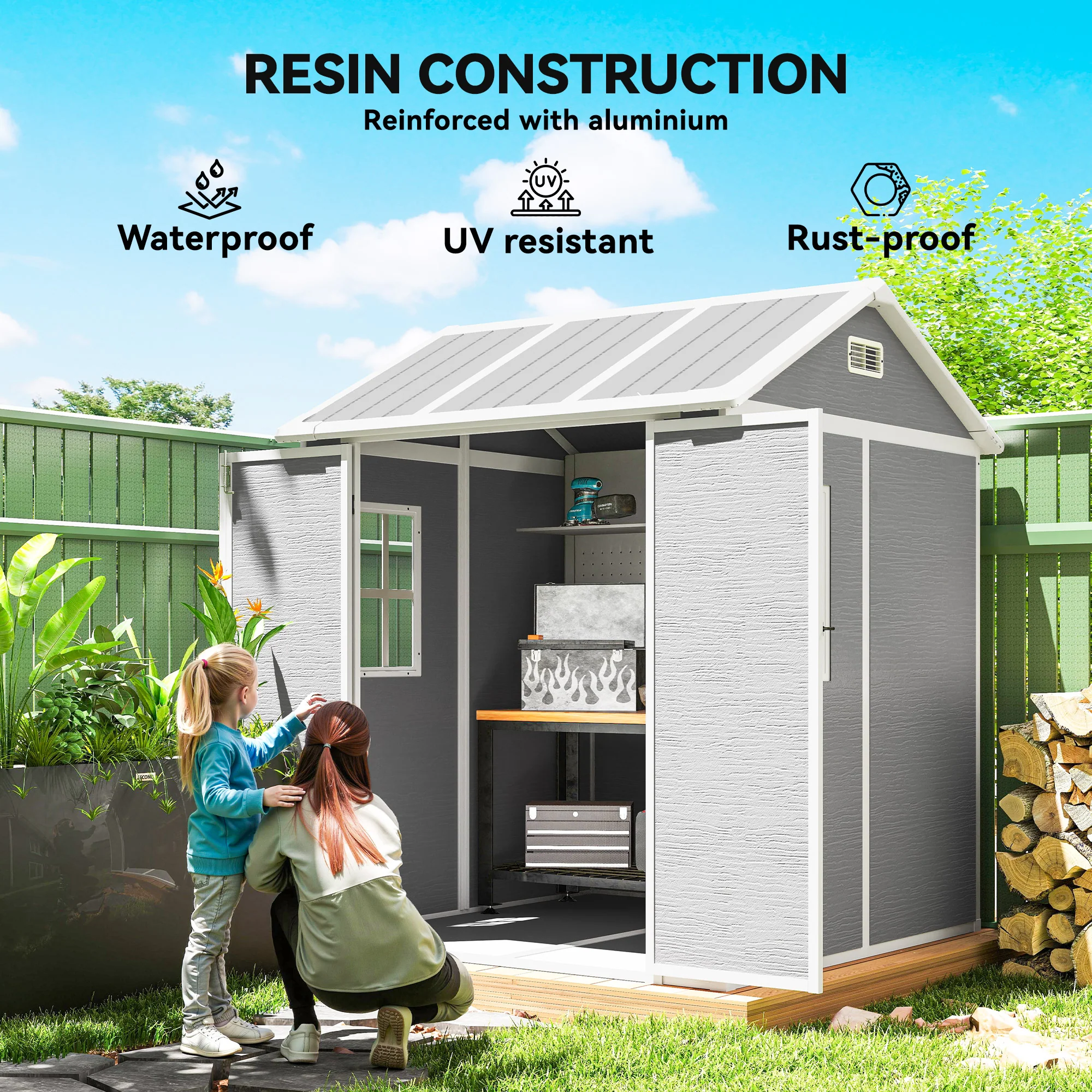 Outsunny 6 X 6ft Plastic Garden Shed With Floor, Window, Vents, Grey - Image 4