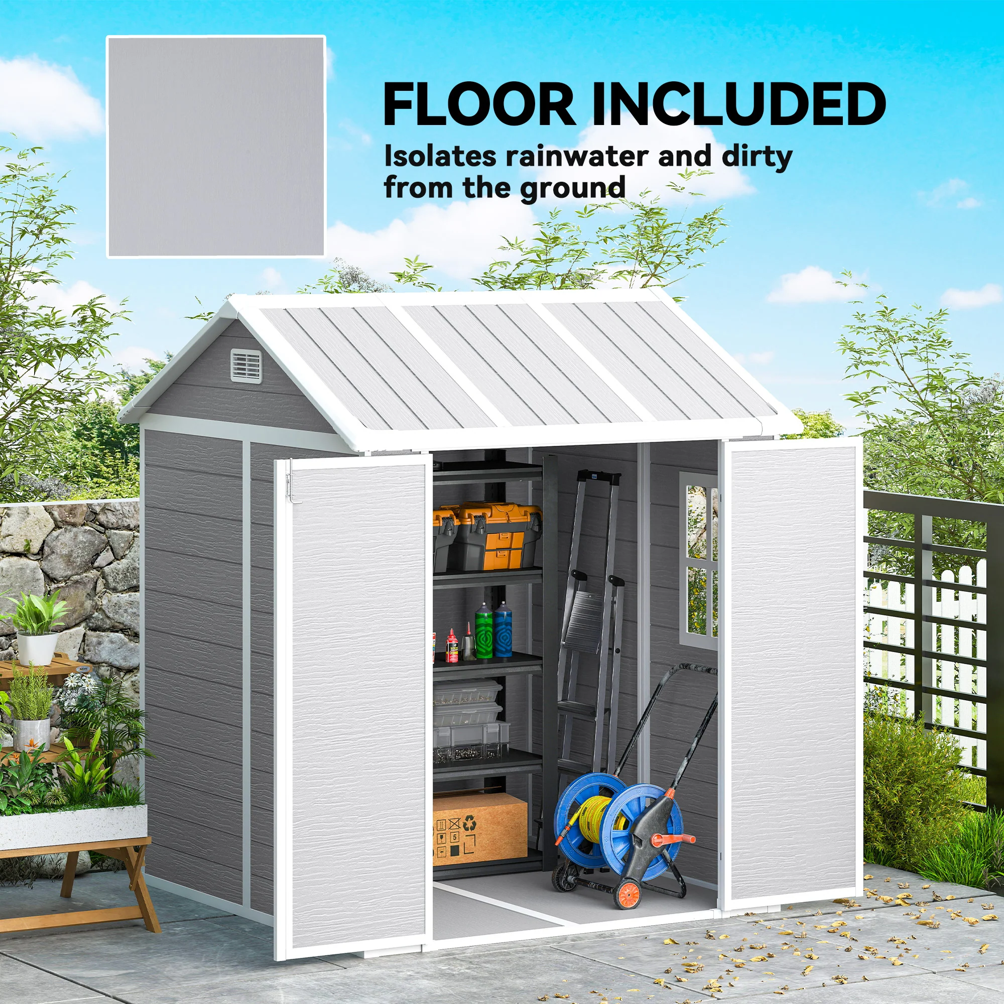 Outsunny 6 X 6ft Plastic Garden Shed With Floor, Window, Vents, Grey - Image 6