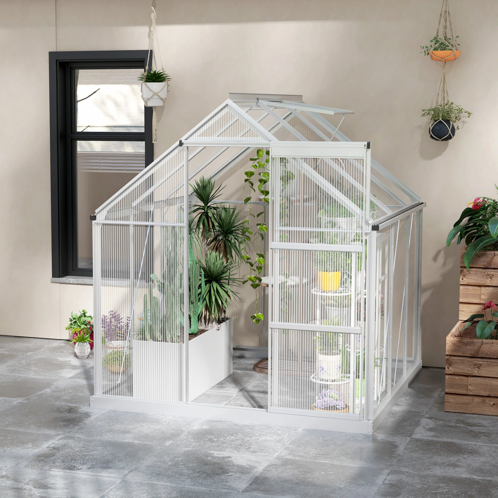 Outsunny 6 X 6ft Walk-In Polycarbonate Greenhouse With Foundation Window Silver - Image 7