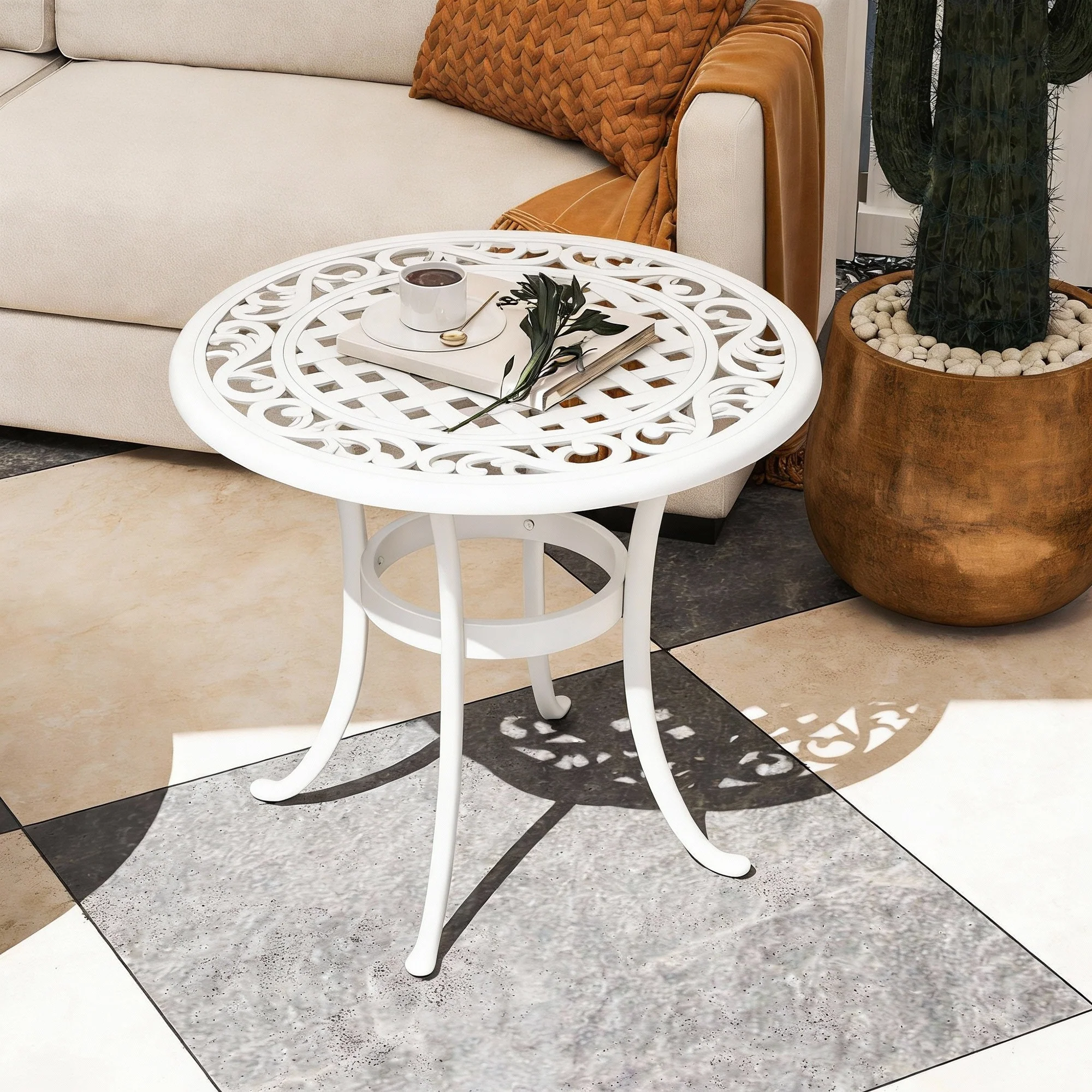 Outsunny 60cm Round Garden Table With Cast Aluminium Frame, White - Image 2