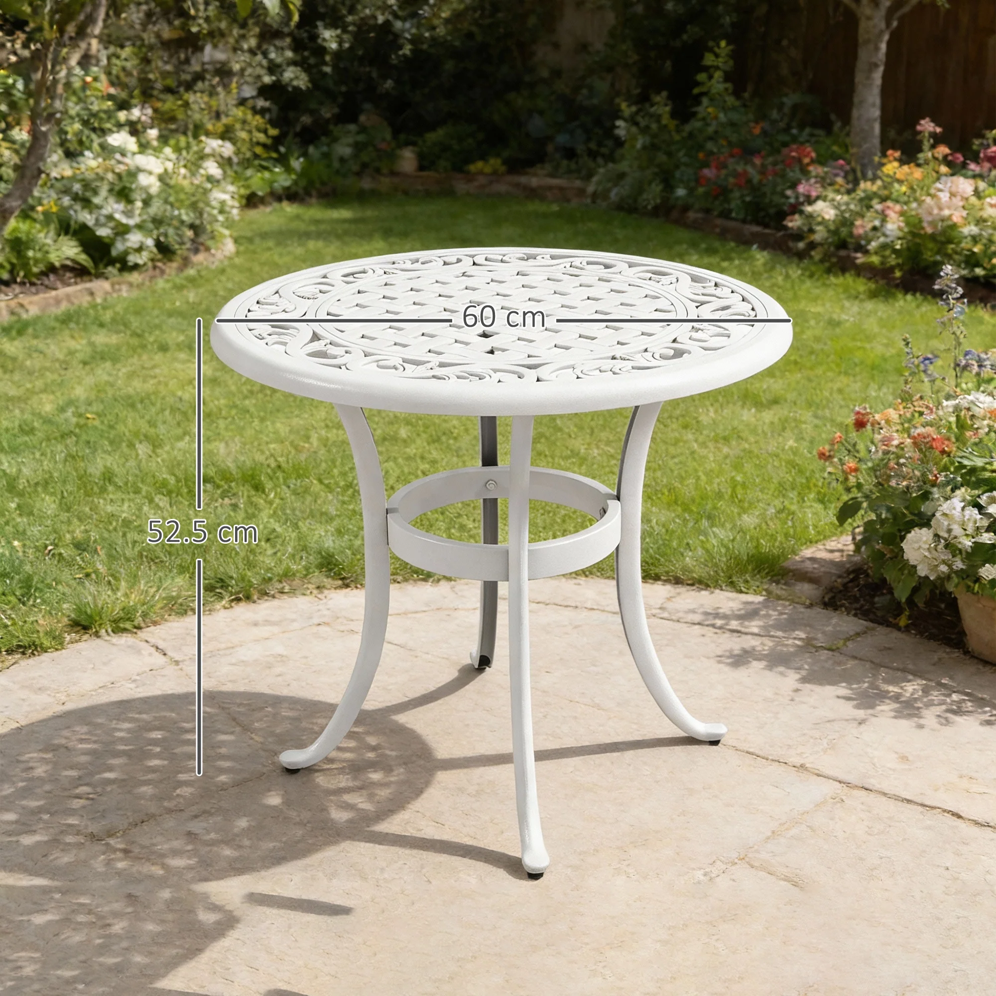 Outsunny 60cm Round Garden Table With Cast Aluminium Frame, White - Image 3