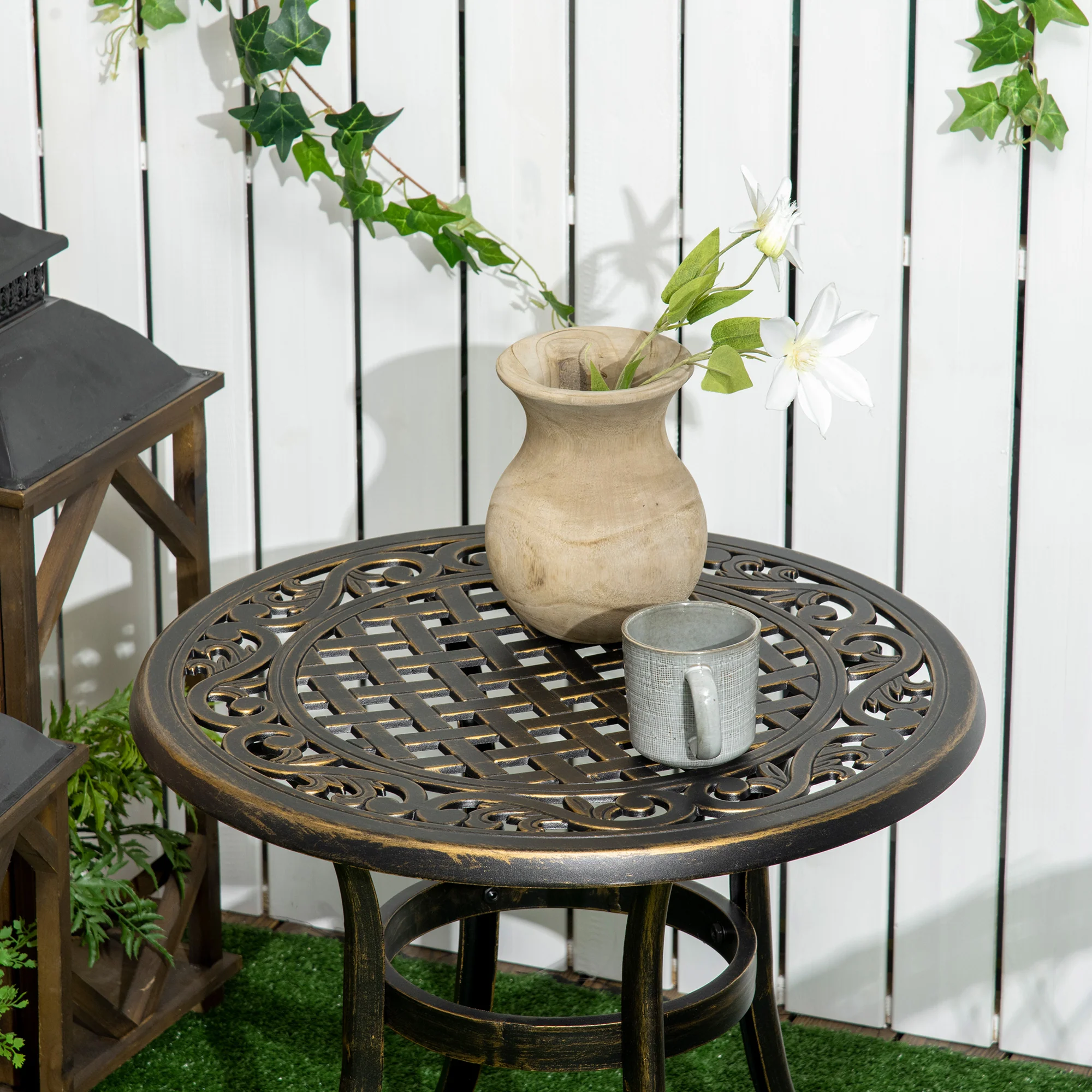 Outsunny 60cm Round Hollow Top Design Side Table With Cast Aluminum Frame - Image 7