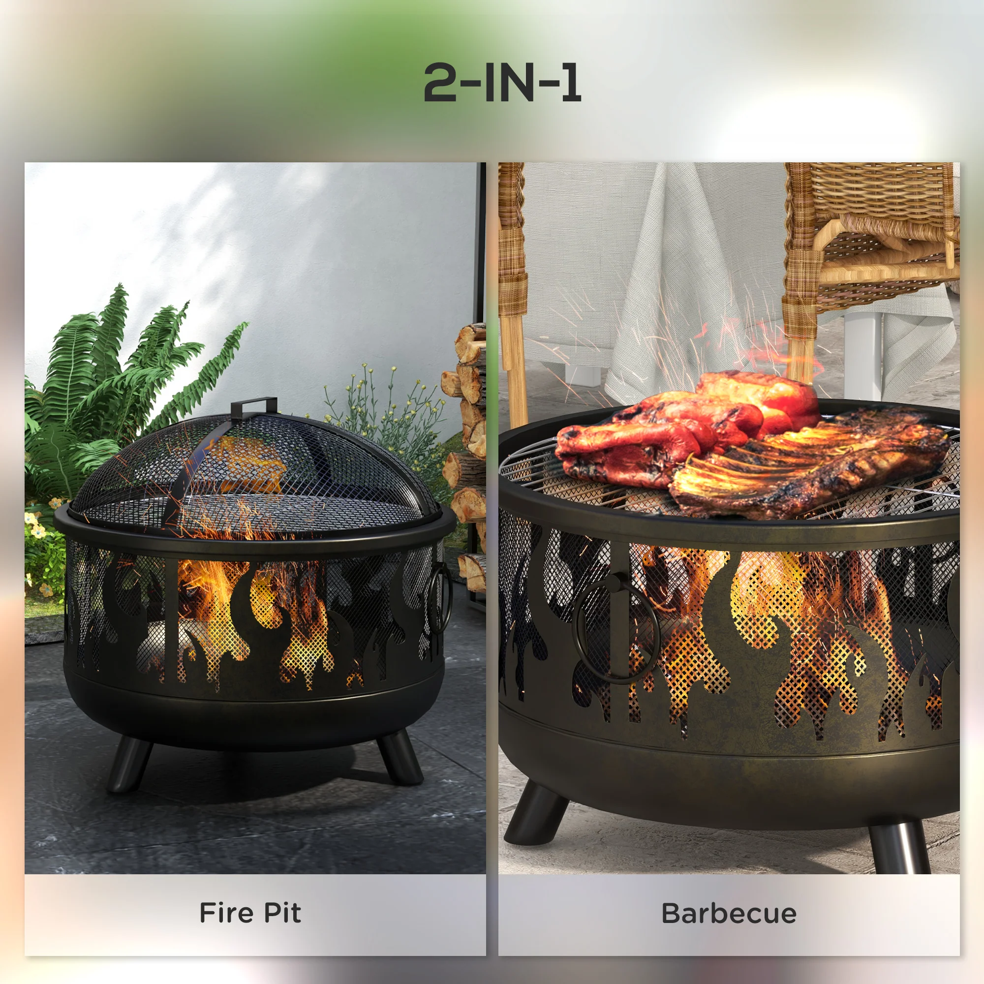 Outsunny 61.5cm 2-In-1 Outdoor Fire Pit & Firewood BBQ Garden Cooker Heater - Image 3