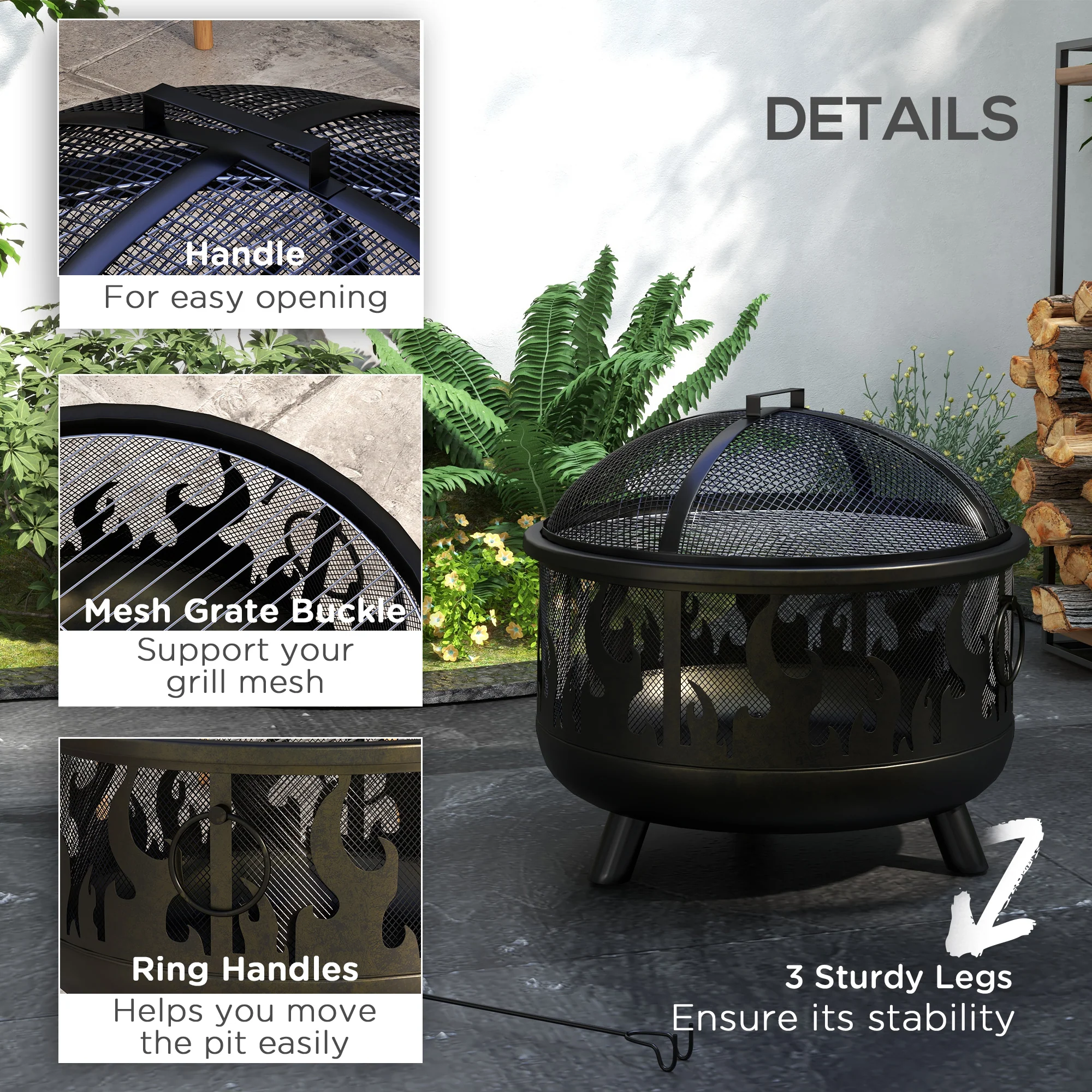 Outsunny 61.5cm 2-In-1 Outdoor Fire Pit & Firewood BBQ Garden Cooker Heater - Image 6