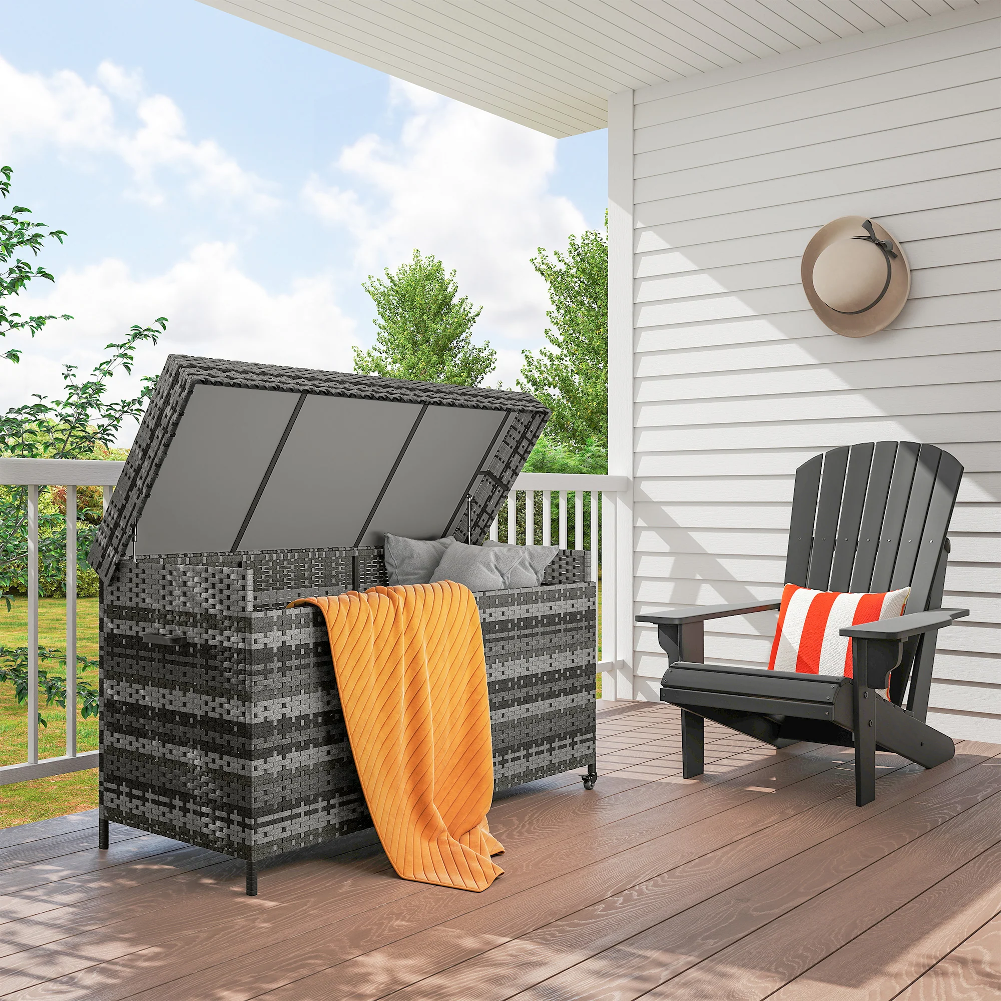 Outsunny 627 L Rattan Garden Storage Box with Gas Lift Lid and Wheels - Image 11