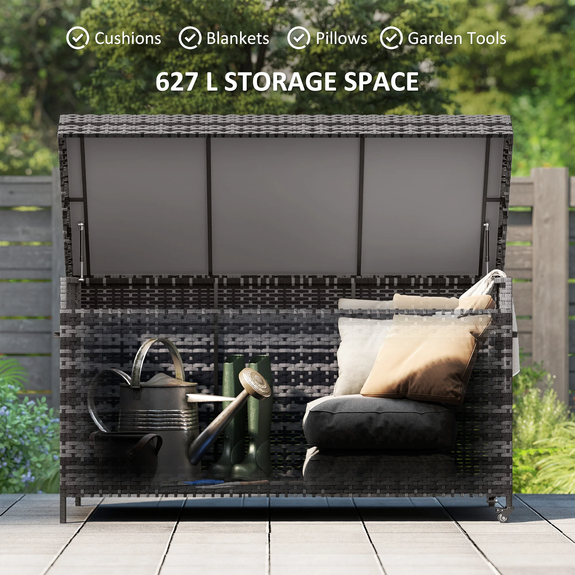 Outsunny 627 L Rattan Garden Storage Box with Gas Lift Lid and Wheels - Image 12