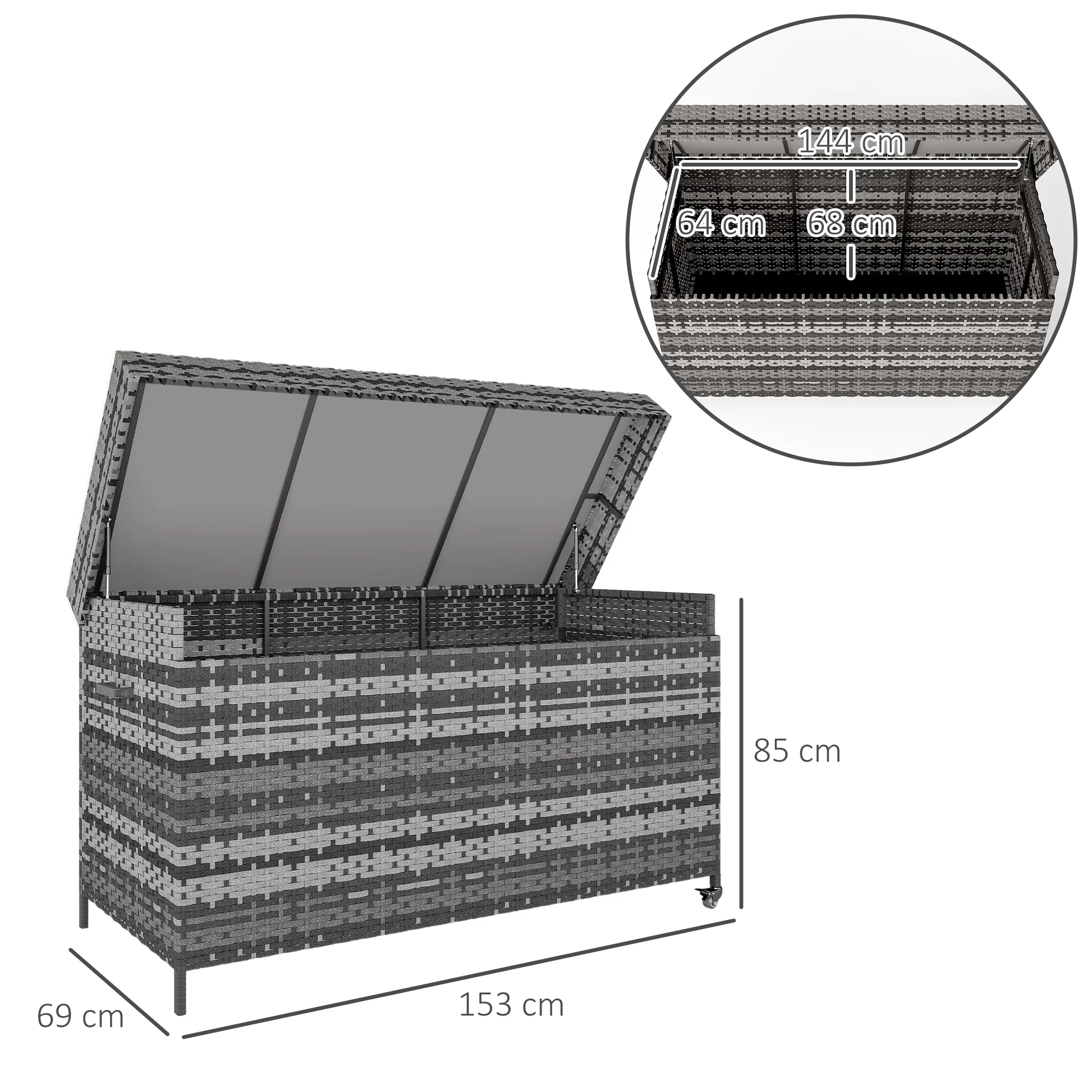 Outsunny 627 L Rattan Garden Storage Box with Gas Lift Lid and Wheels - Image 14