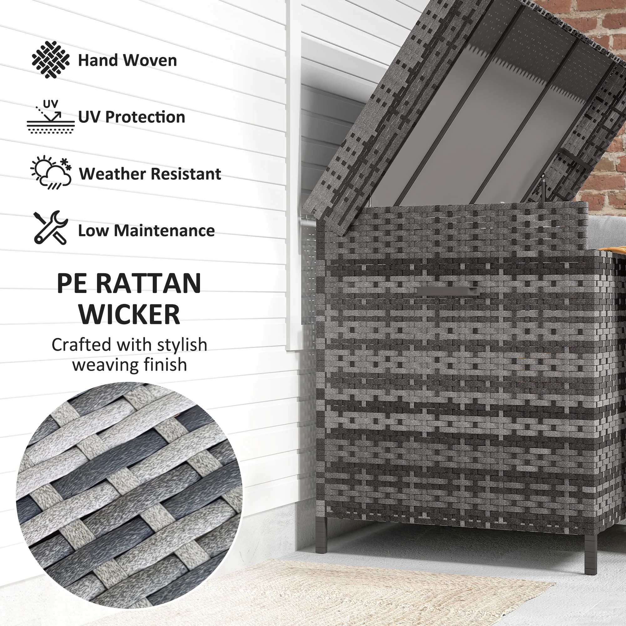 Outsunny 627 L Rattan Garden Storage Box with Gas Lift Lid and Wheels - Image 16