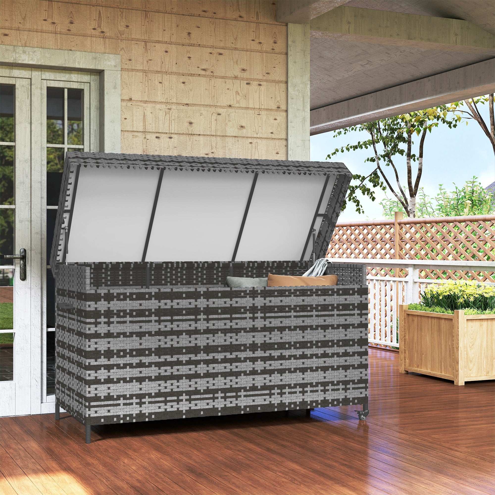 Outsunny 627 L Rattan Garden Storage Box with Gas Lift Lid and Wheels - Image 18