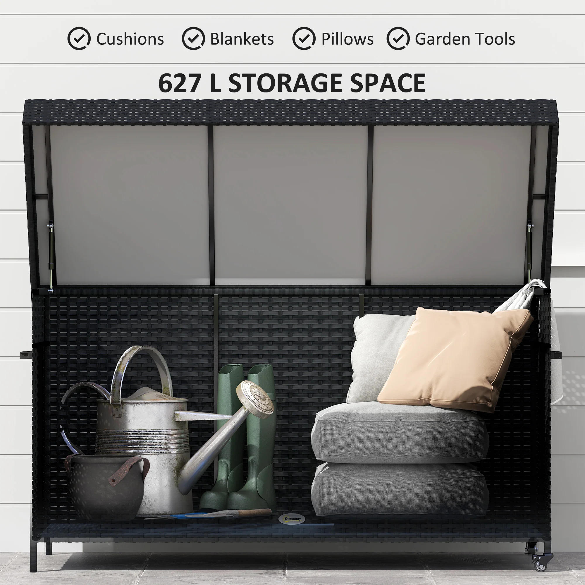 Outsunny 627 L Rattan Garden Storage Box with Gas Lift Lid and Wheels - Image 3
