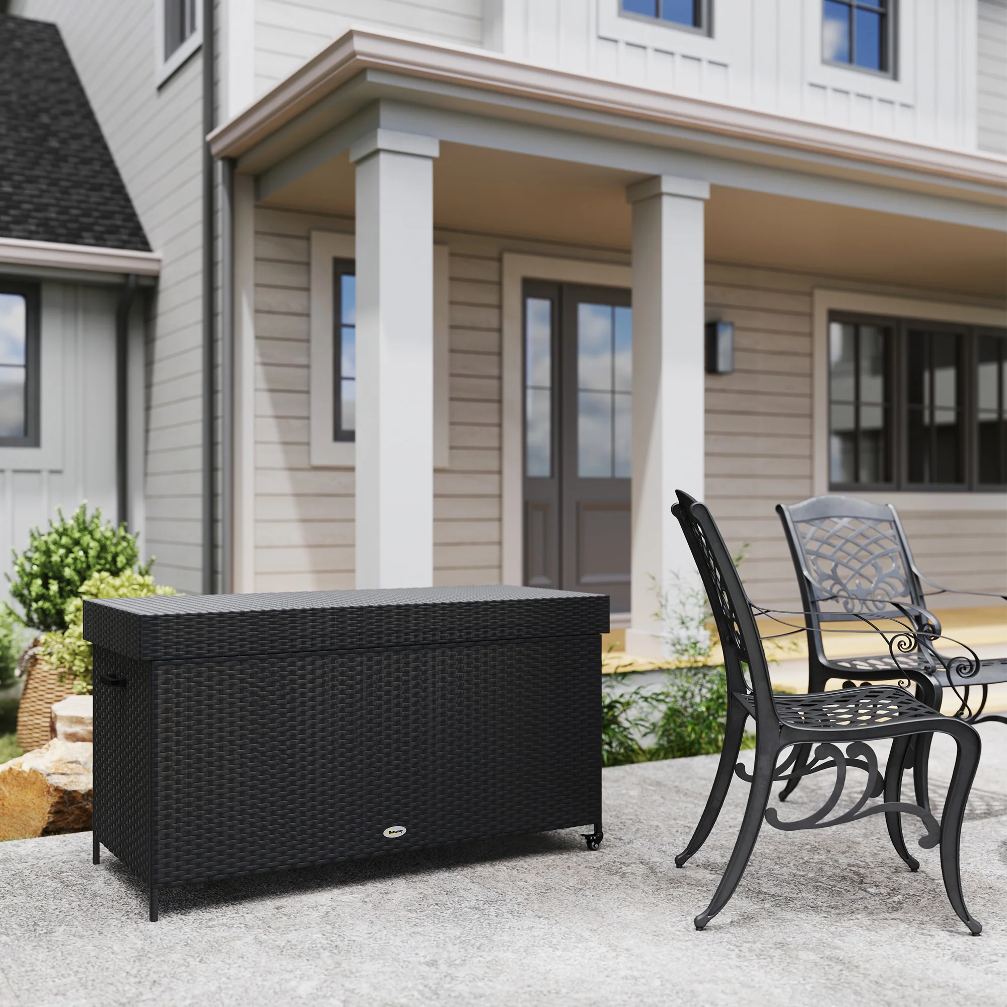 Outsunny 627 L Rattan Garden Storage Box with Gas Lift Lid and Wheels - Image 9