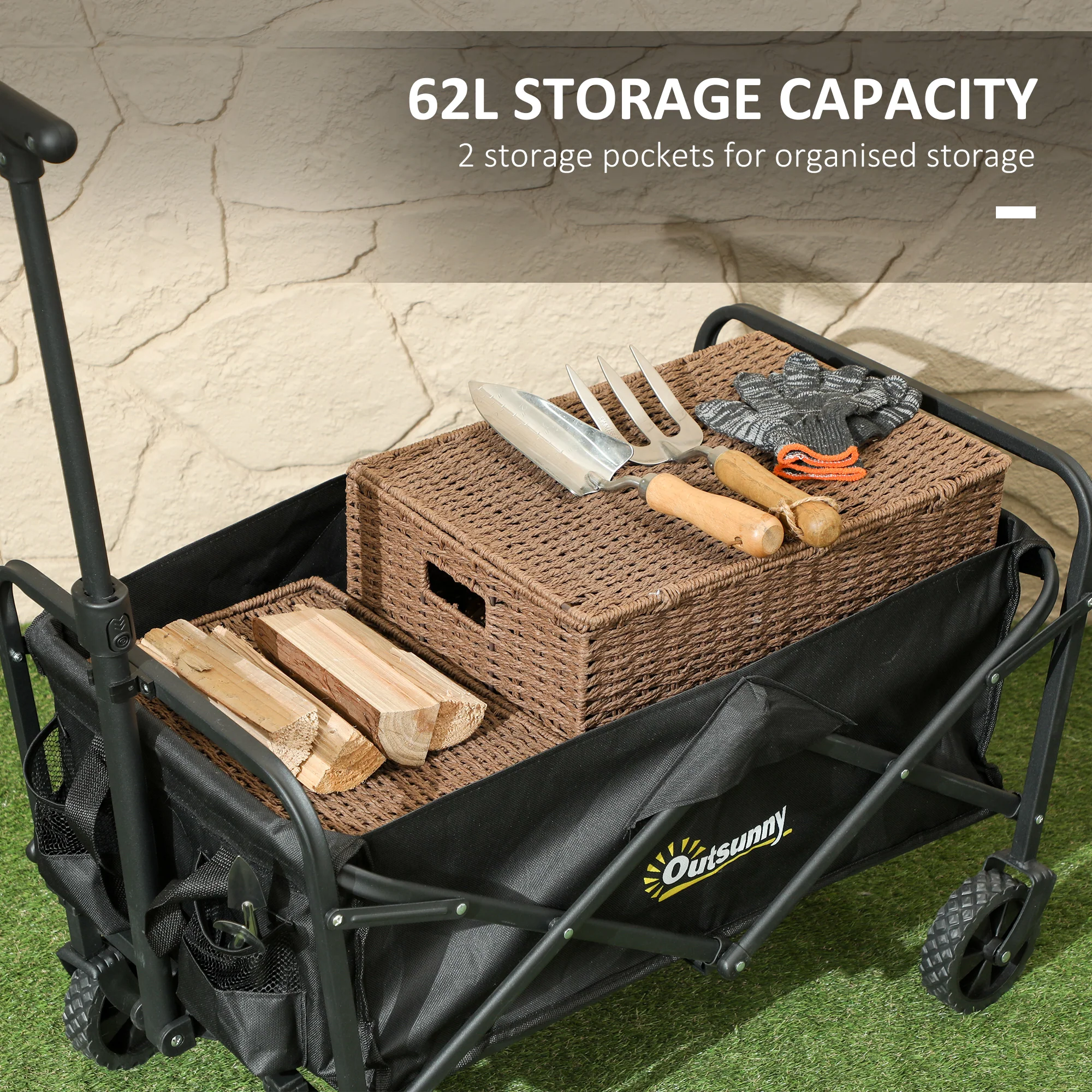 Outsunny 62L Festival Trolley, 120kg Heavy Duty Folding Trolley Cart, Black - Image 3