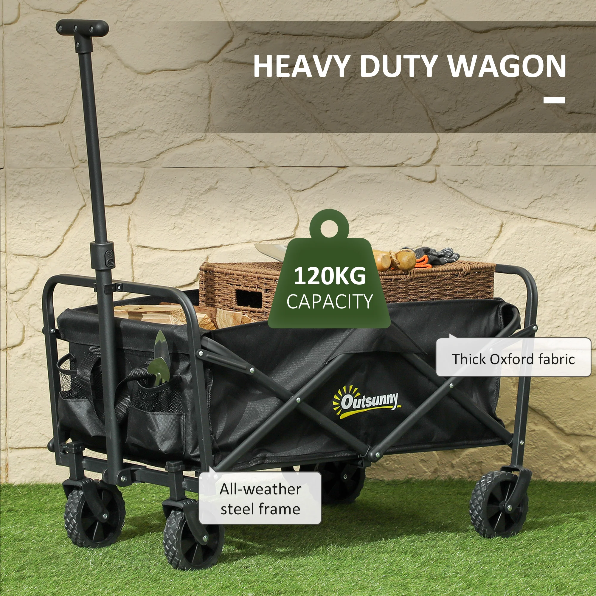 Outsunny 62L Festival Trolley, 120kg Heavy Duty Folding Trolley Cart, Black - Image 4