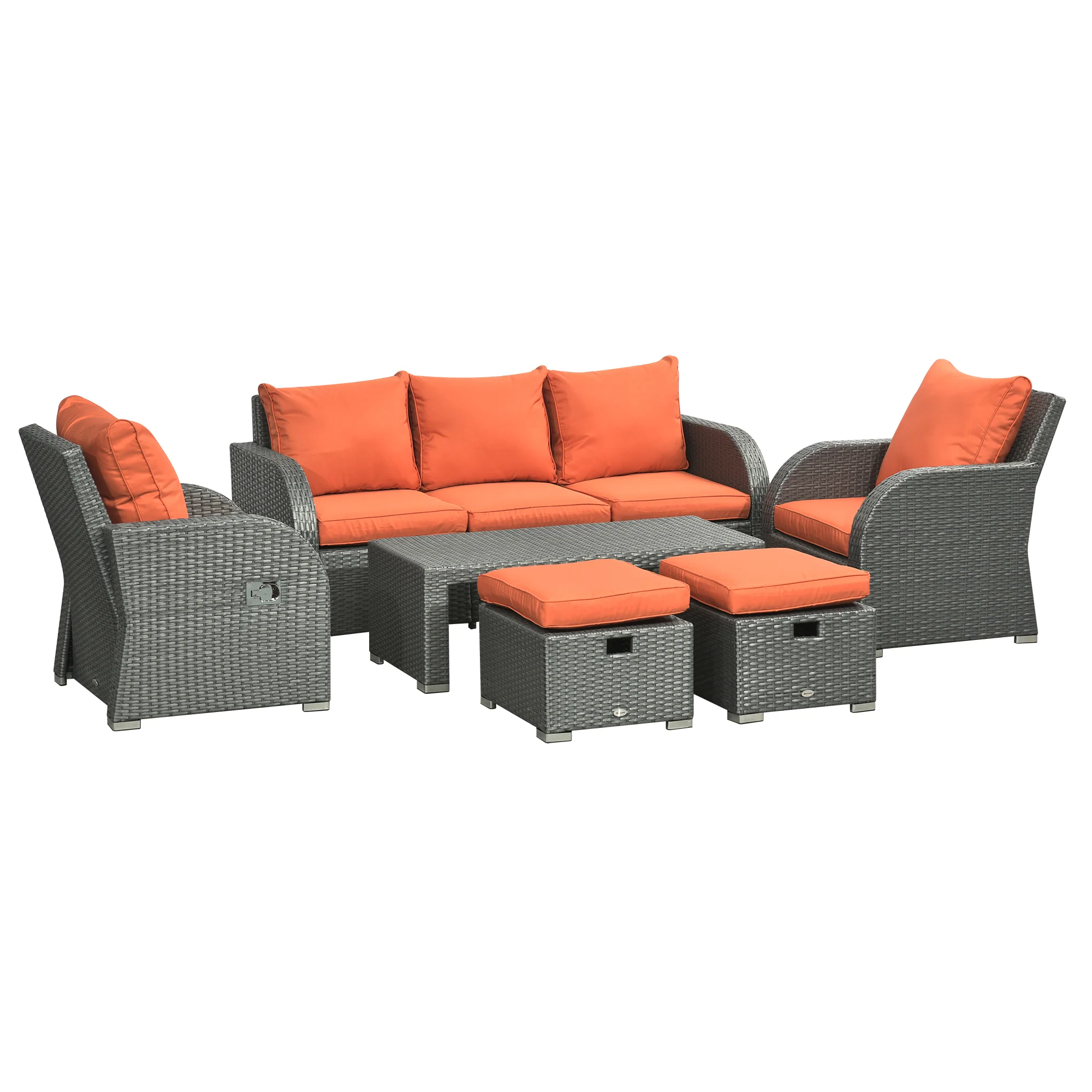 Outsunny 6pc Padded Outdoor Rattan Wicker 3-Seat Sofa Recliner Footstool Table - Image 10