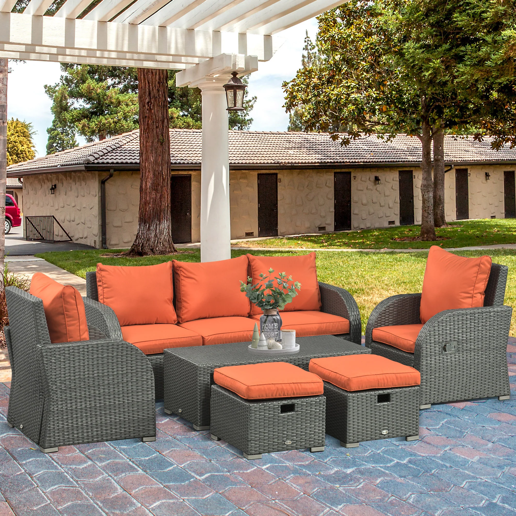Outsunny 6pc Padded Outdoor Rattan Wicker 3-Seat Sofa Recliner Footstool Table - Image 11