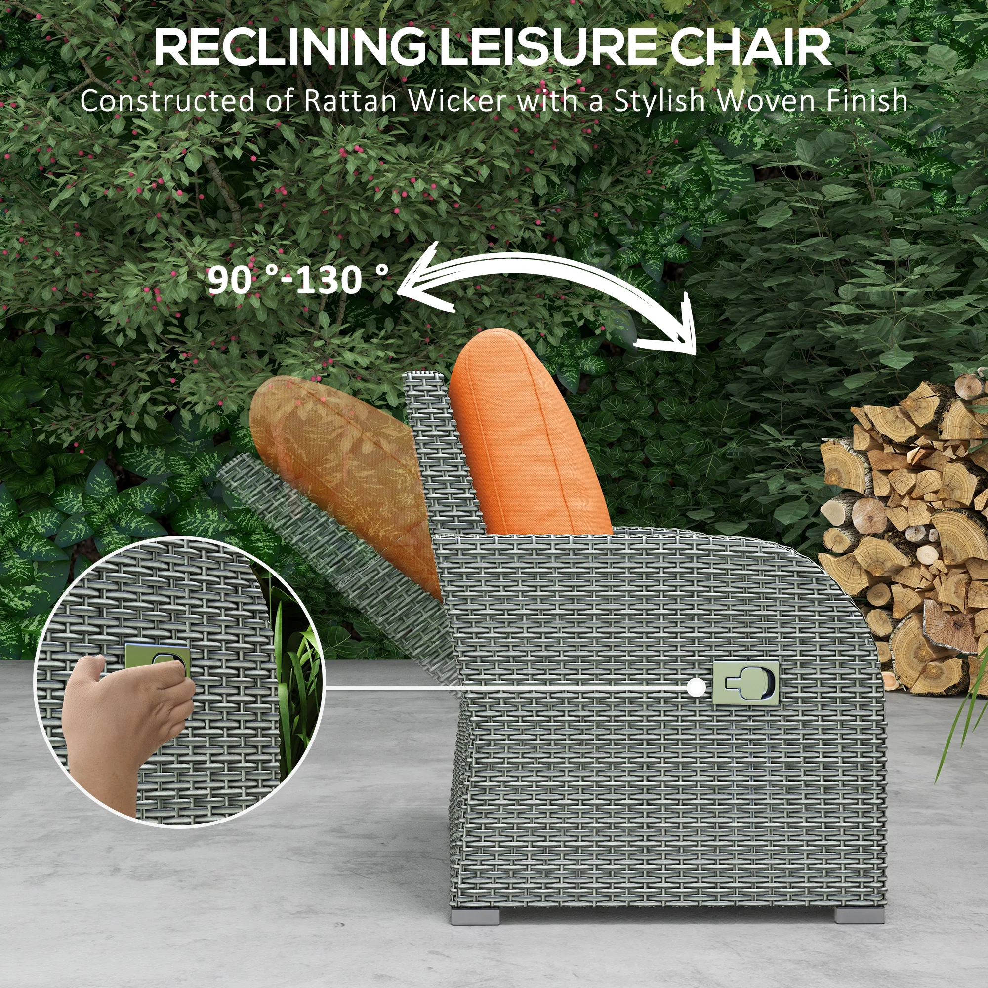 Outsunny 6pc Padded Outdoor Rattan Wicker 3-Seat Sofa Recliner Footstool Table - Image 12