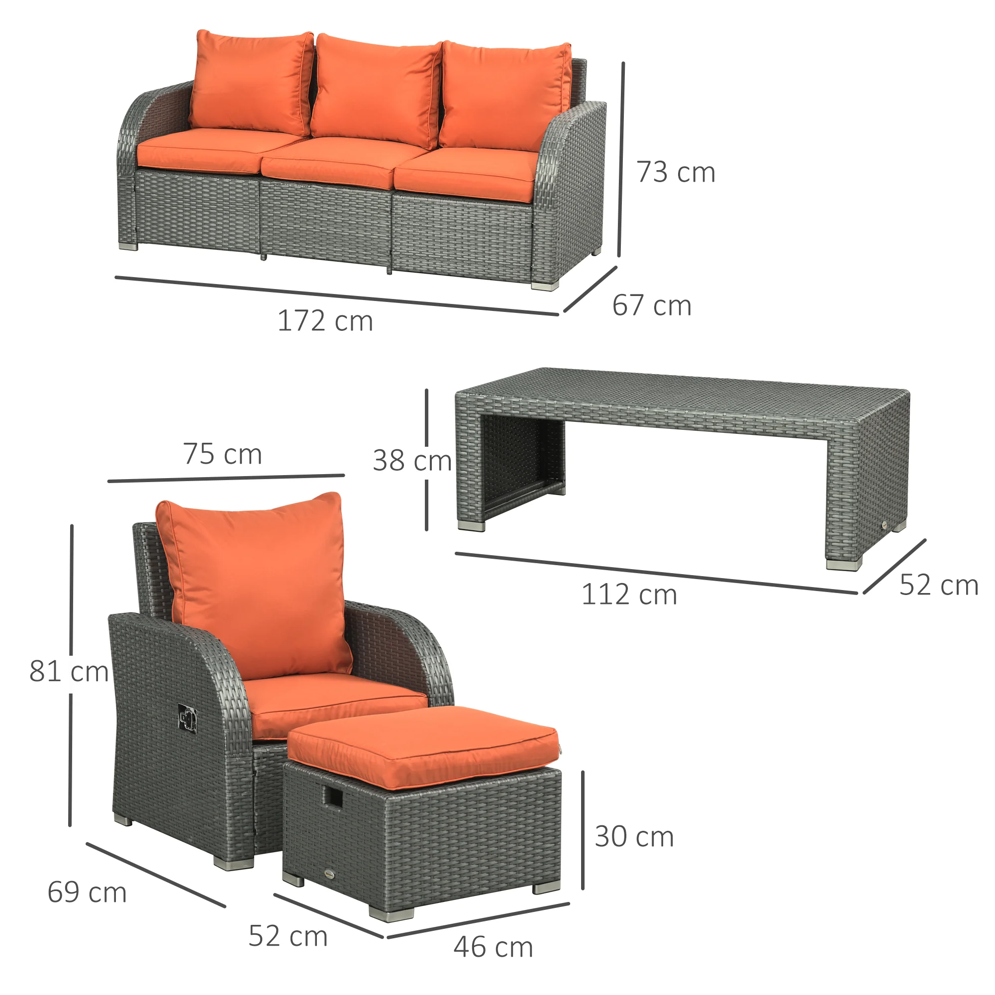 Outsunny 6pc Padded Outdoor Rattan Wicker 3-Seat Sofa Recliner Footstool Table - Image 14