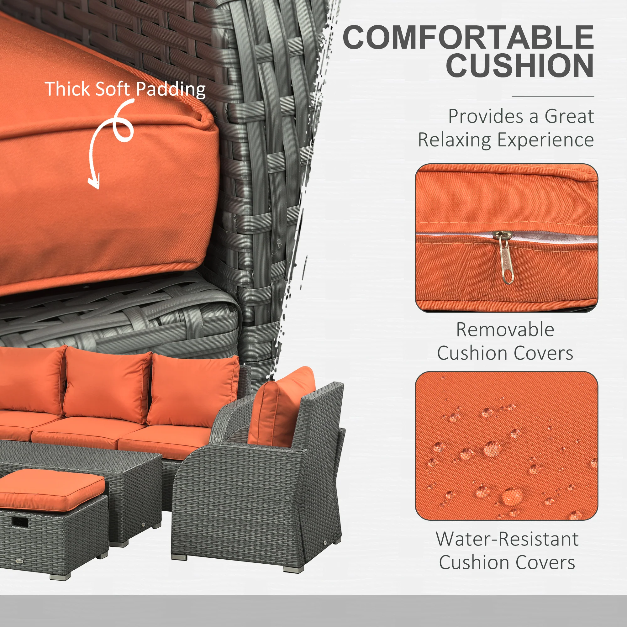 Outsunny 6pc Padded Outdoor Rattan Wicker 3-Seat Sofa Recliner Footstool Table - Image 16