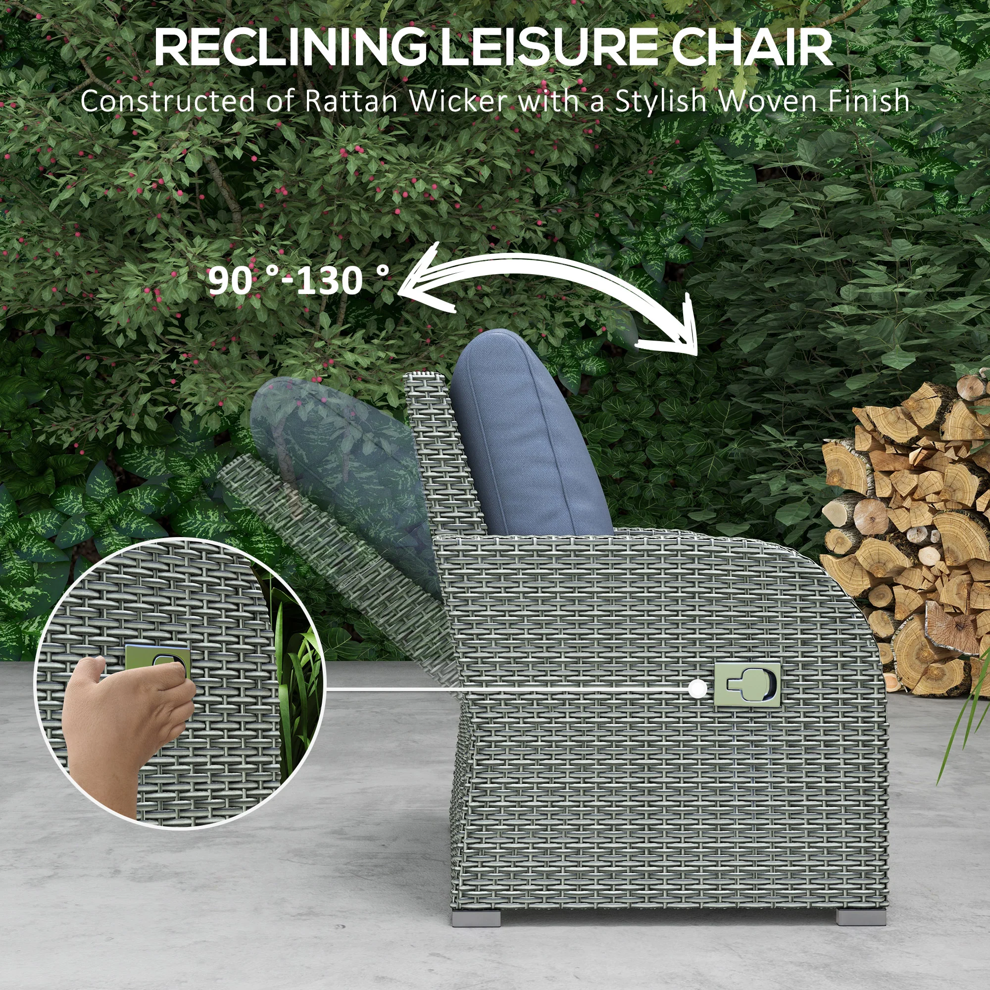 Outsunny 6pc Padded Outdoor Rattan Wicker 3-Seat Sofa Recliner Footstool Table - Image 3