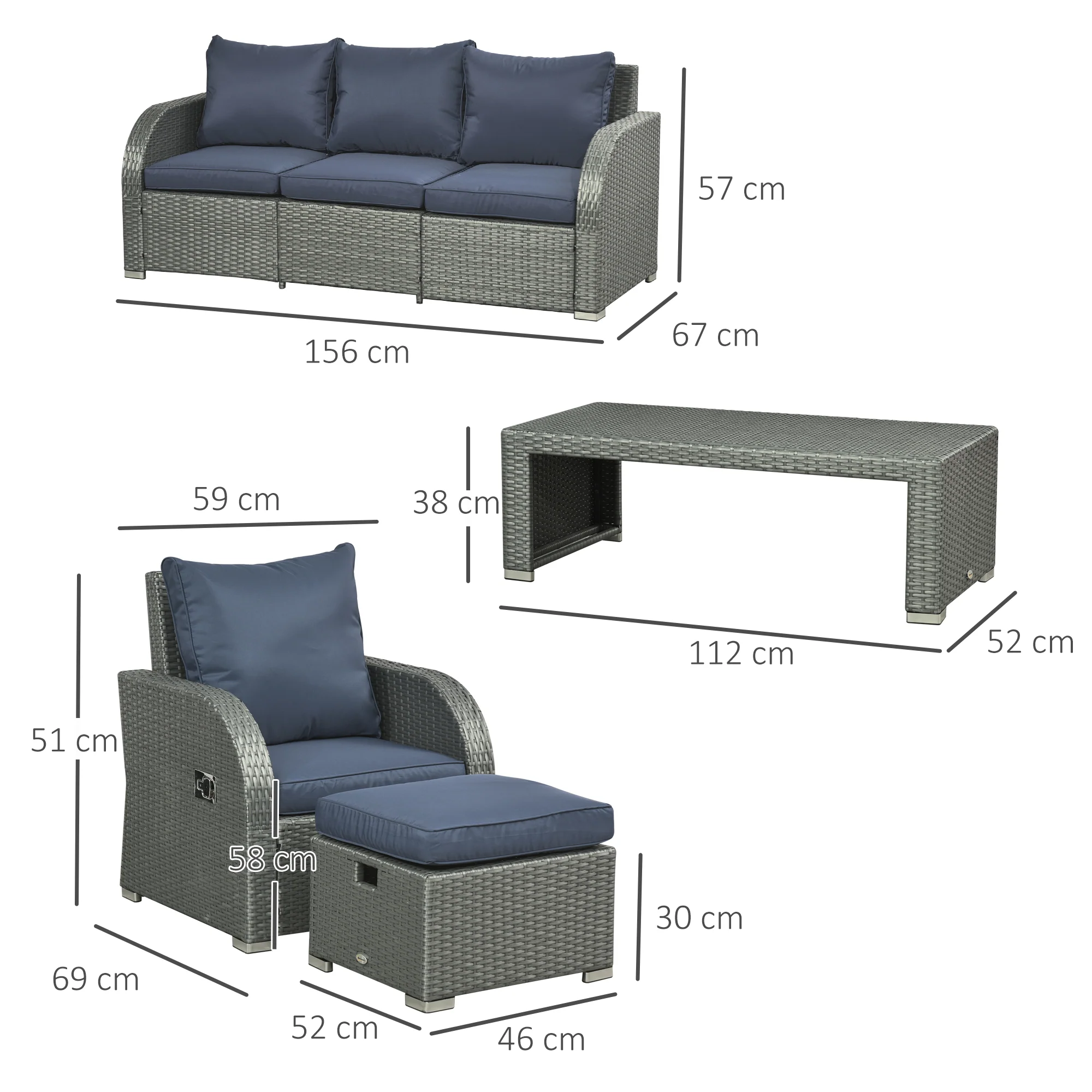 Outsunny 6pc Padded Outdoor Rattan Wicker 3-Seat Sofa Recliner Footstool Table - Image 5