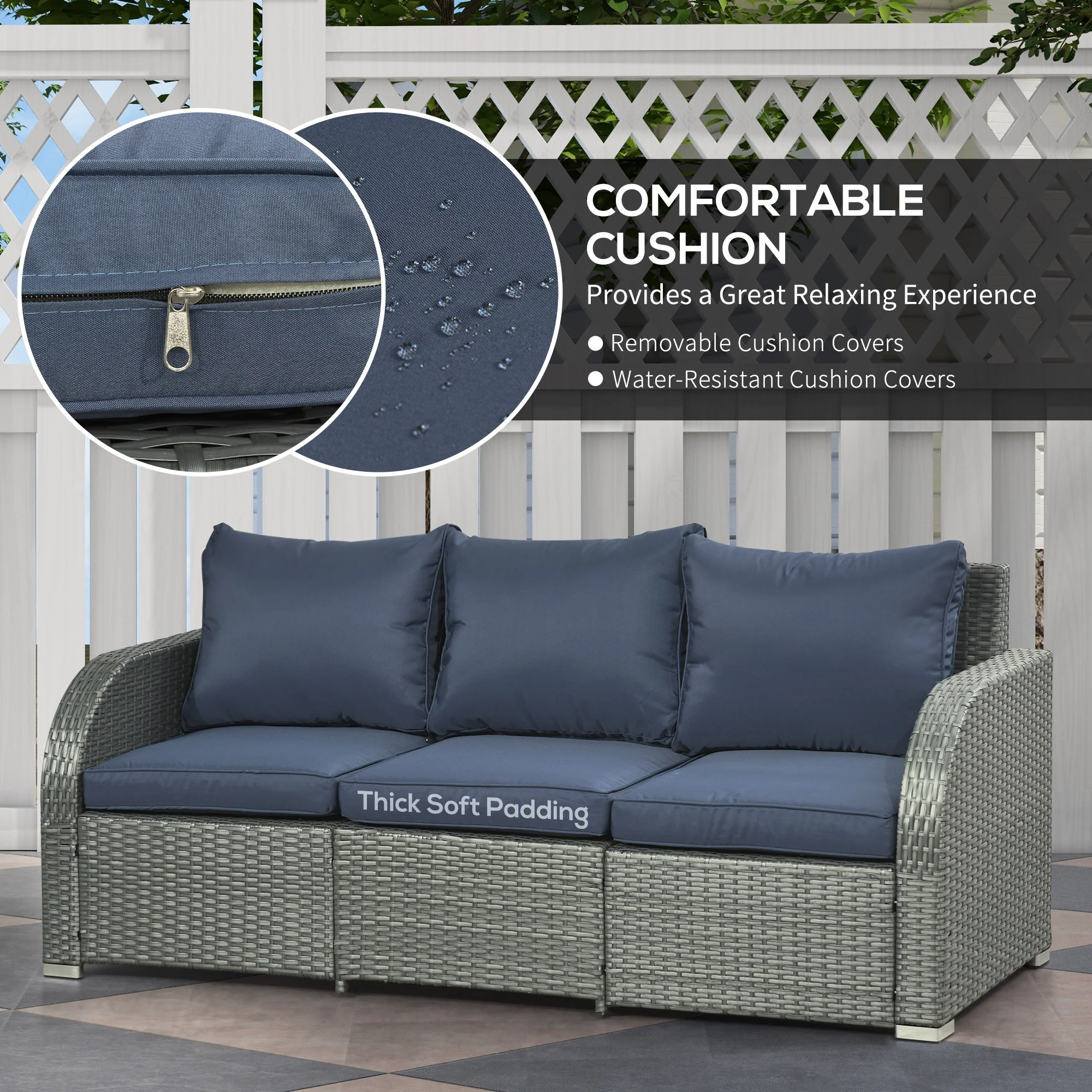 Outsunny 6pc Padded Outdoor Rattan Wicker 3-Seat Sofa Recliner Footstool Table - Image 7