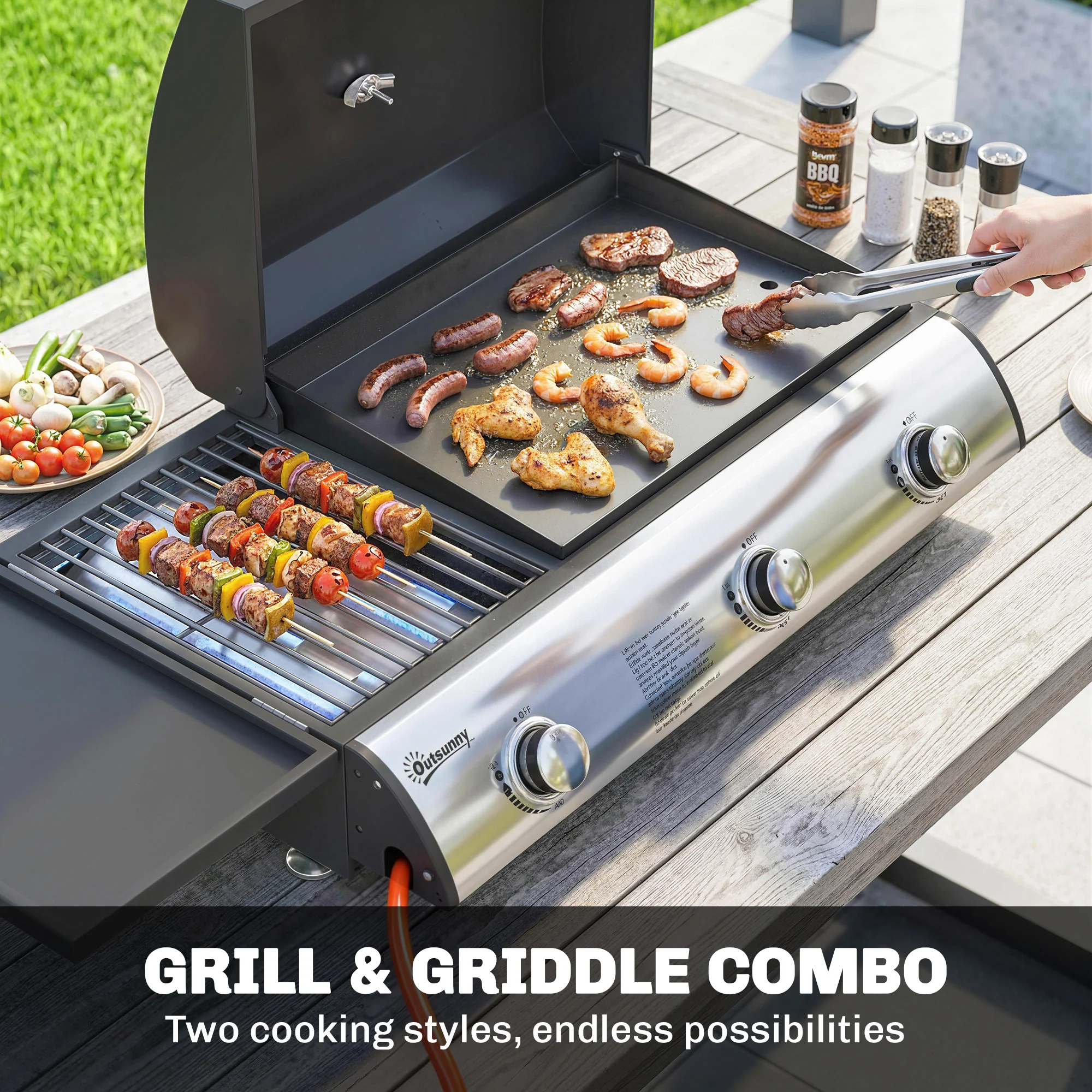 Outsunny 7.5 KW Portable Portable Gas Plancha BBQ Grill With 3 Burner, Black - Image 3