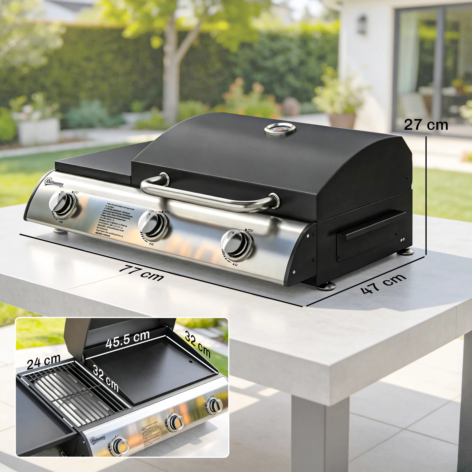 Outsunny 7.5 KW Portable Portable Gas Plancha BBQ Grill With 3 Burner, Black - Image 5