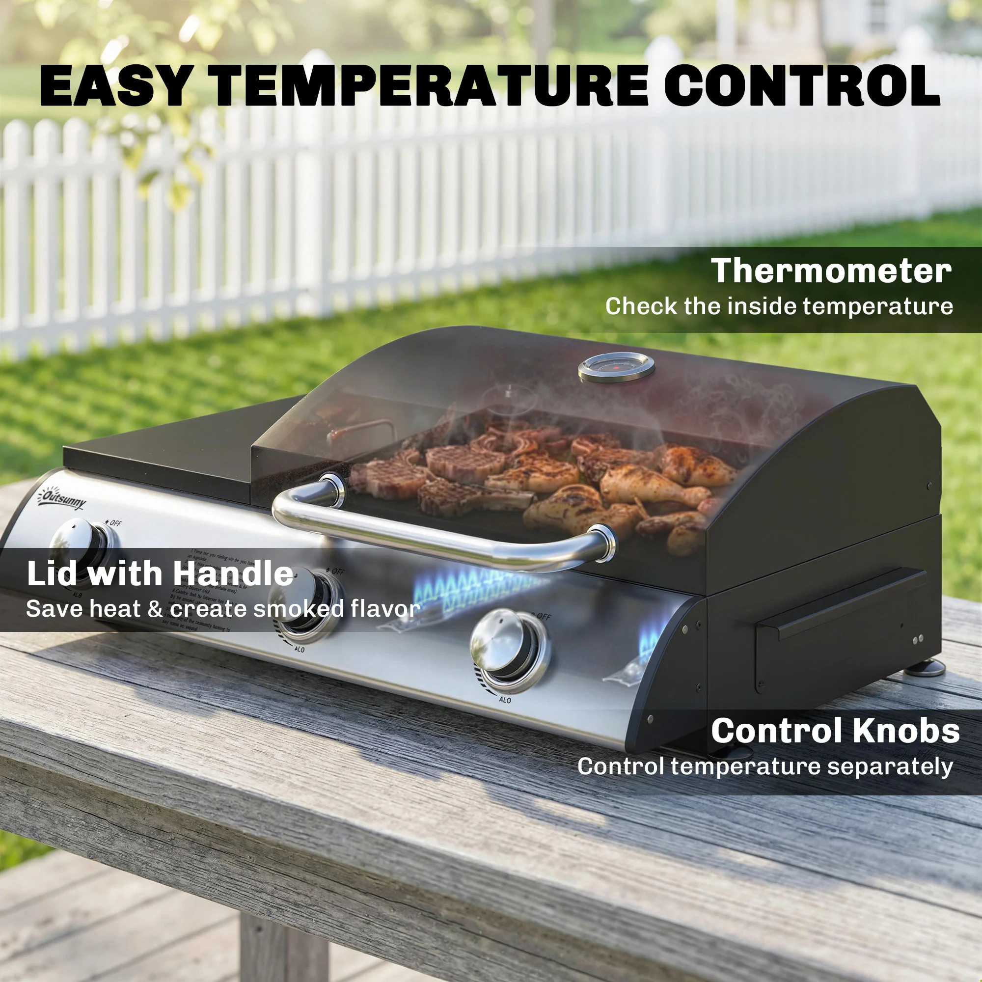 Outsunny 7.5 KW Portable Portable Gas Plancha BBQ Grill With 3 Burner, Black - Image 6