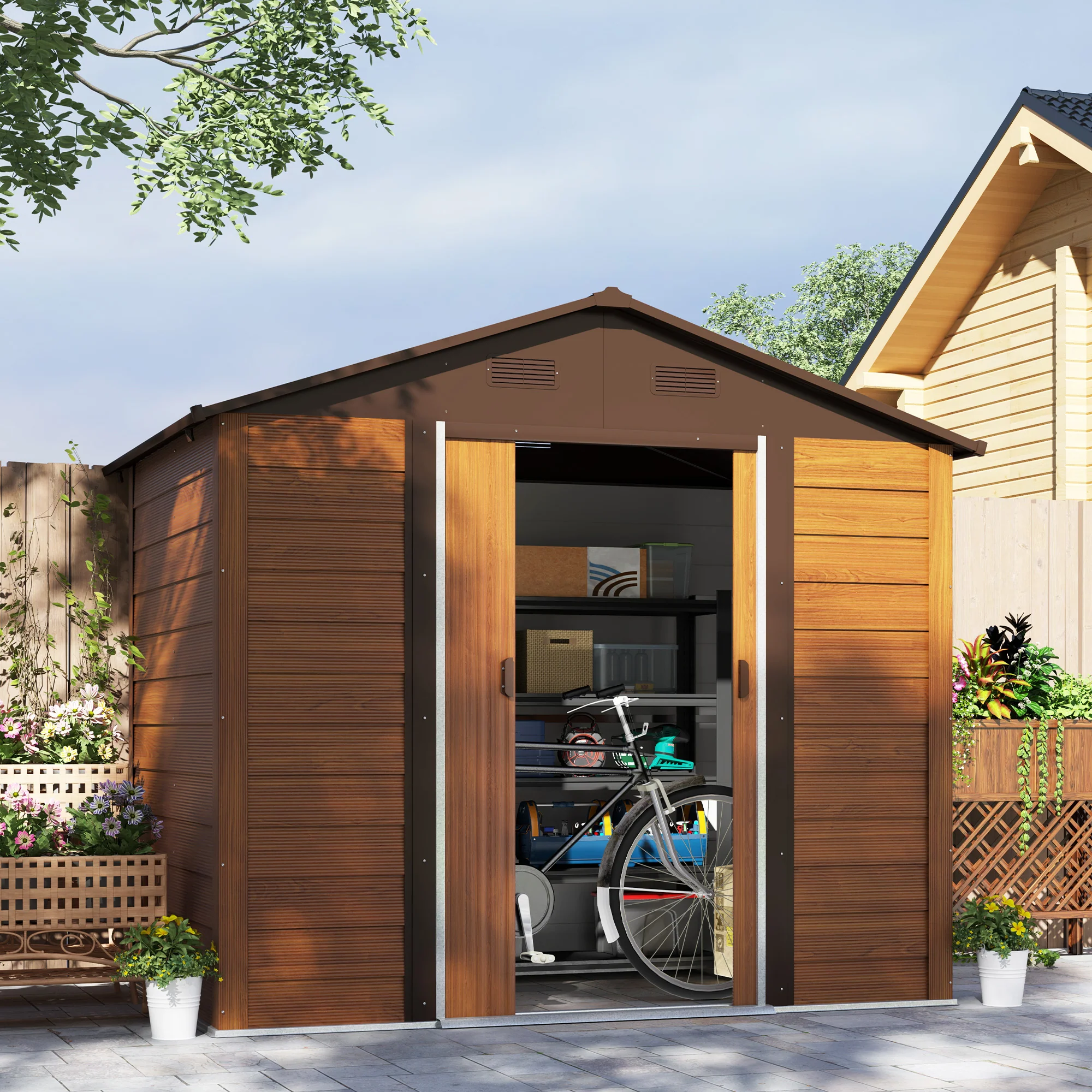 Outsunny 7.7x6.4ft Garden Shed, Tool Storage Sliding Door Wood Effect - Image 2