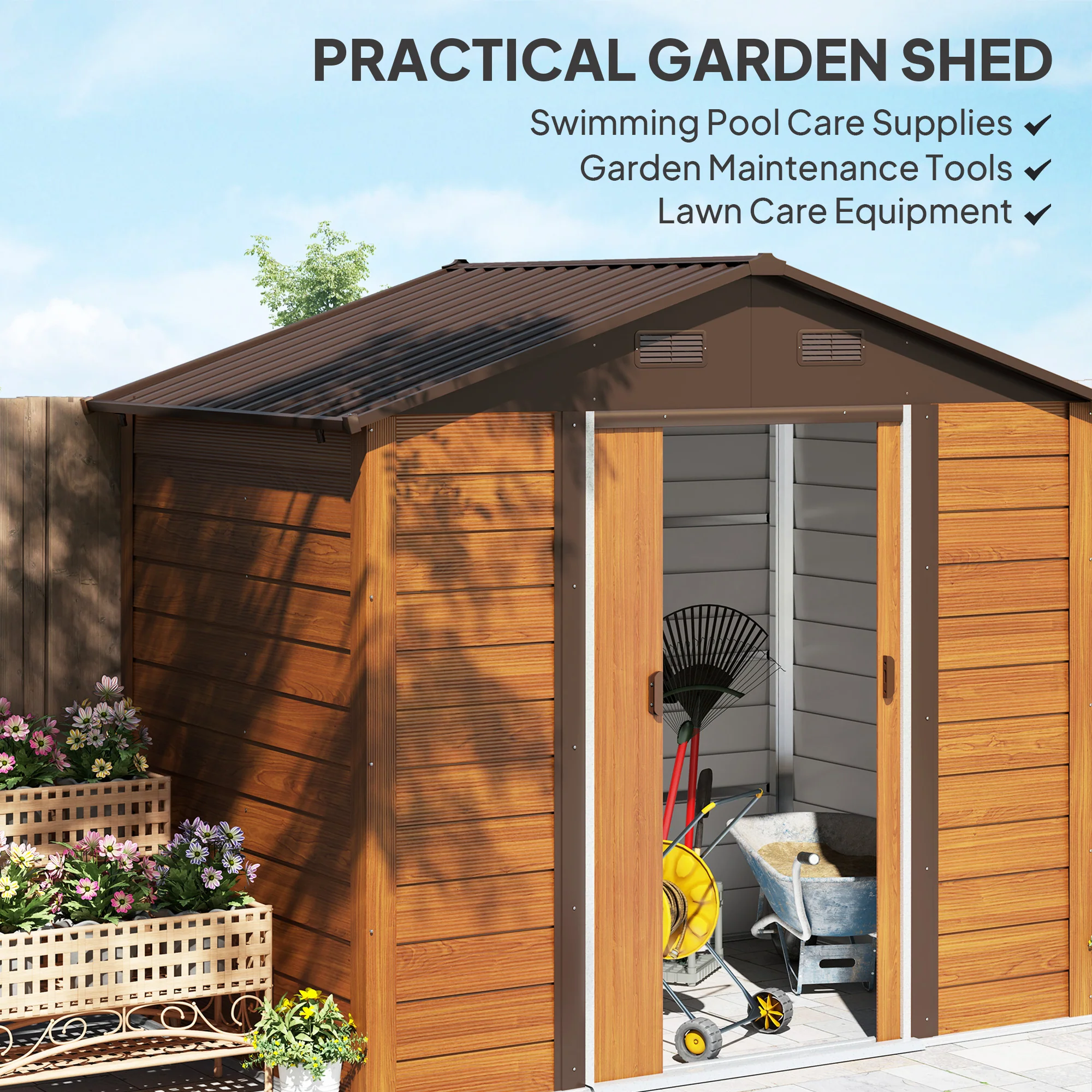 Outsunny 7.7x6.4ft Garden Shed, Tool Storage Sliding Door Wood Effect - Image 7