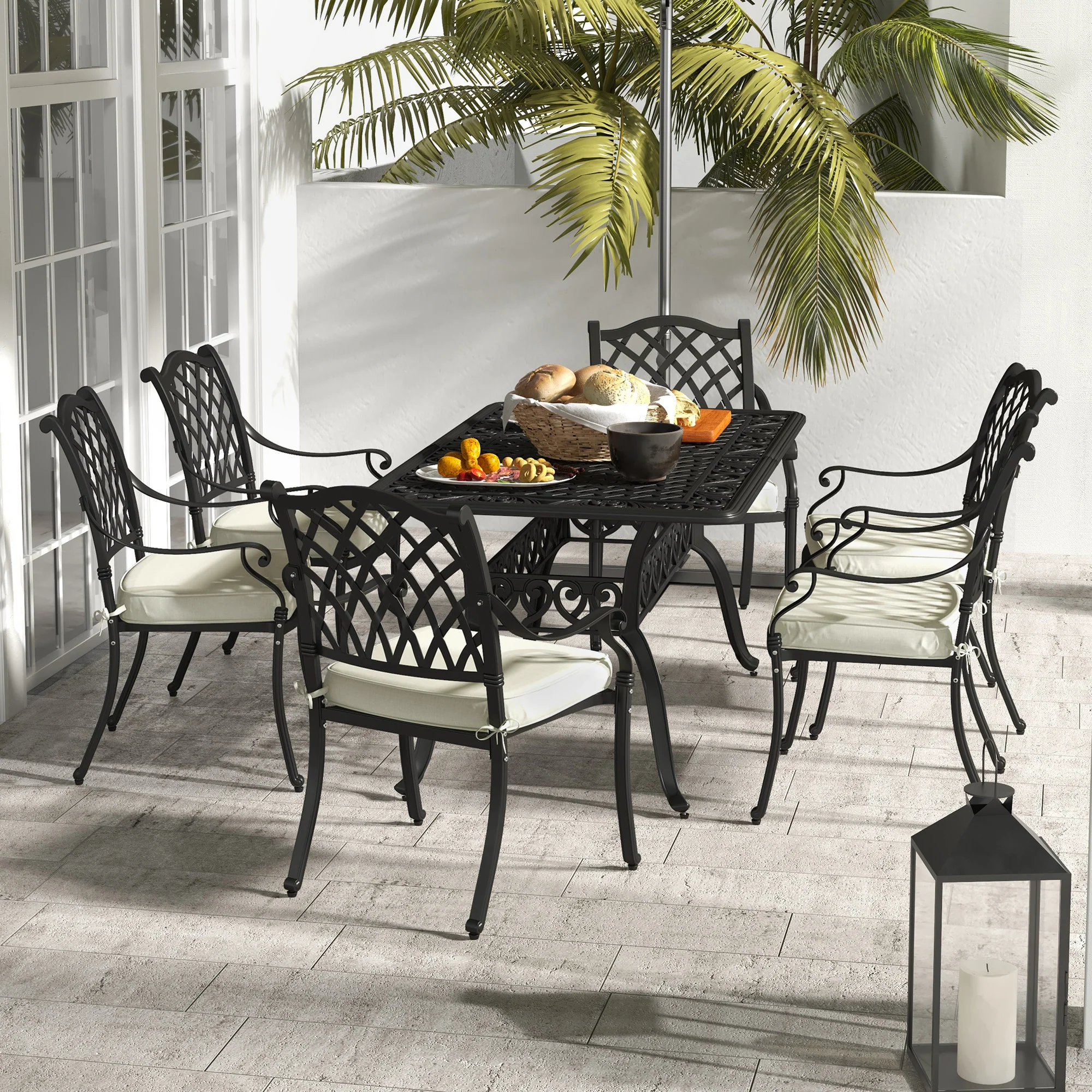 Outsunny 7-PC Cast Aluminium Patio Dining Set w/ Umbrella Hole & Cushion, Black - Image 2
