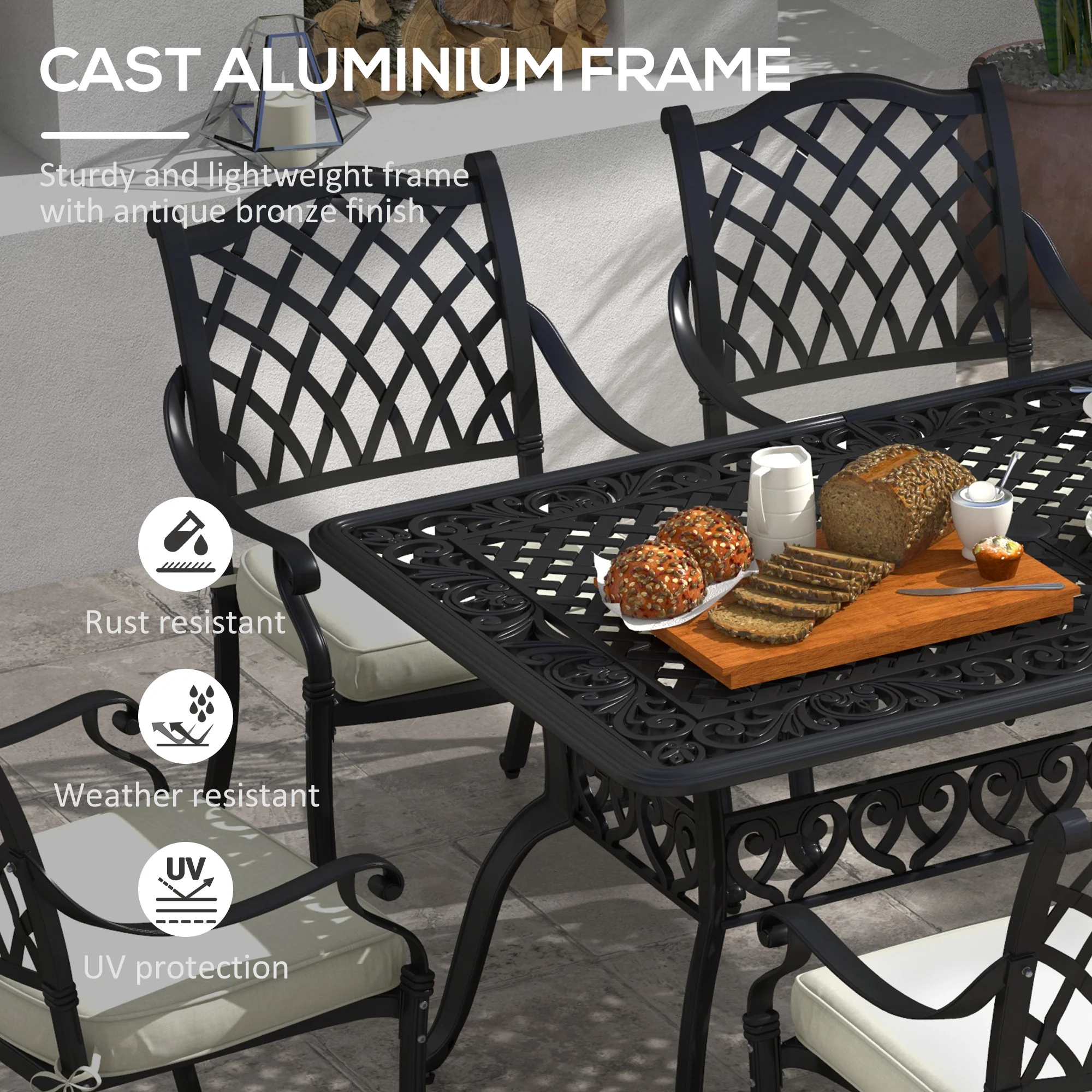 Outsunny 7-PC Cast Aluminium Patio Dining Set w/ Umbrella Hole & Cushion, Black - Image 3