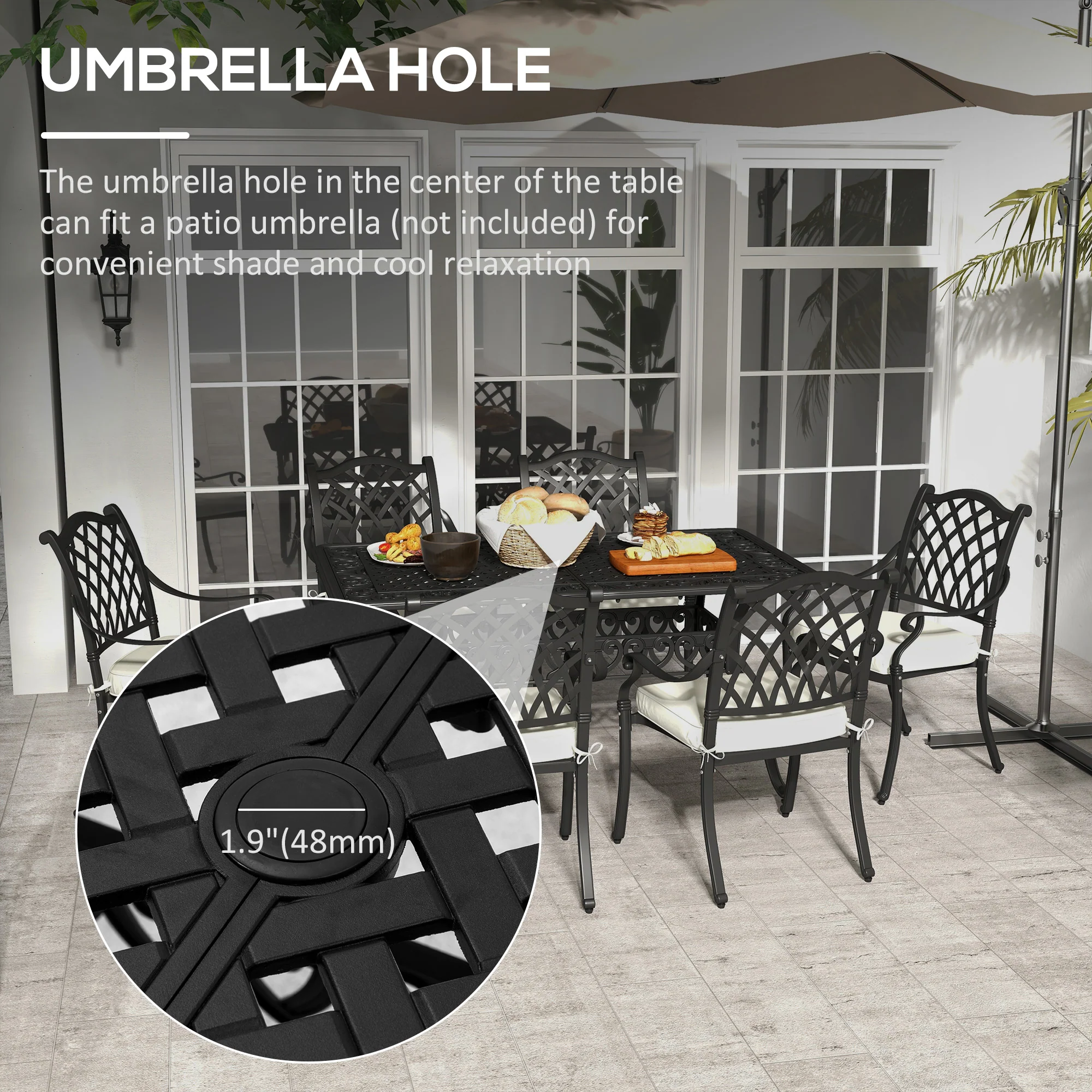 Outsunny 7-PC Cast Aluminium Patio Dining Set w/ Umbrella Hole & Cushion, Black - Image 4