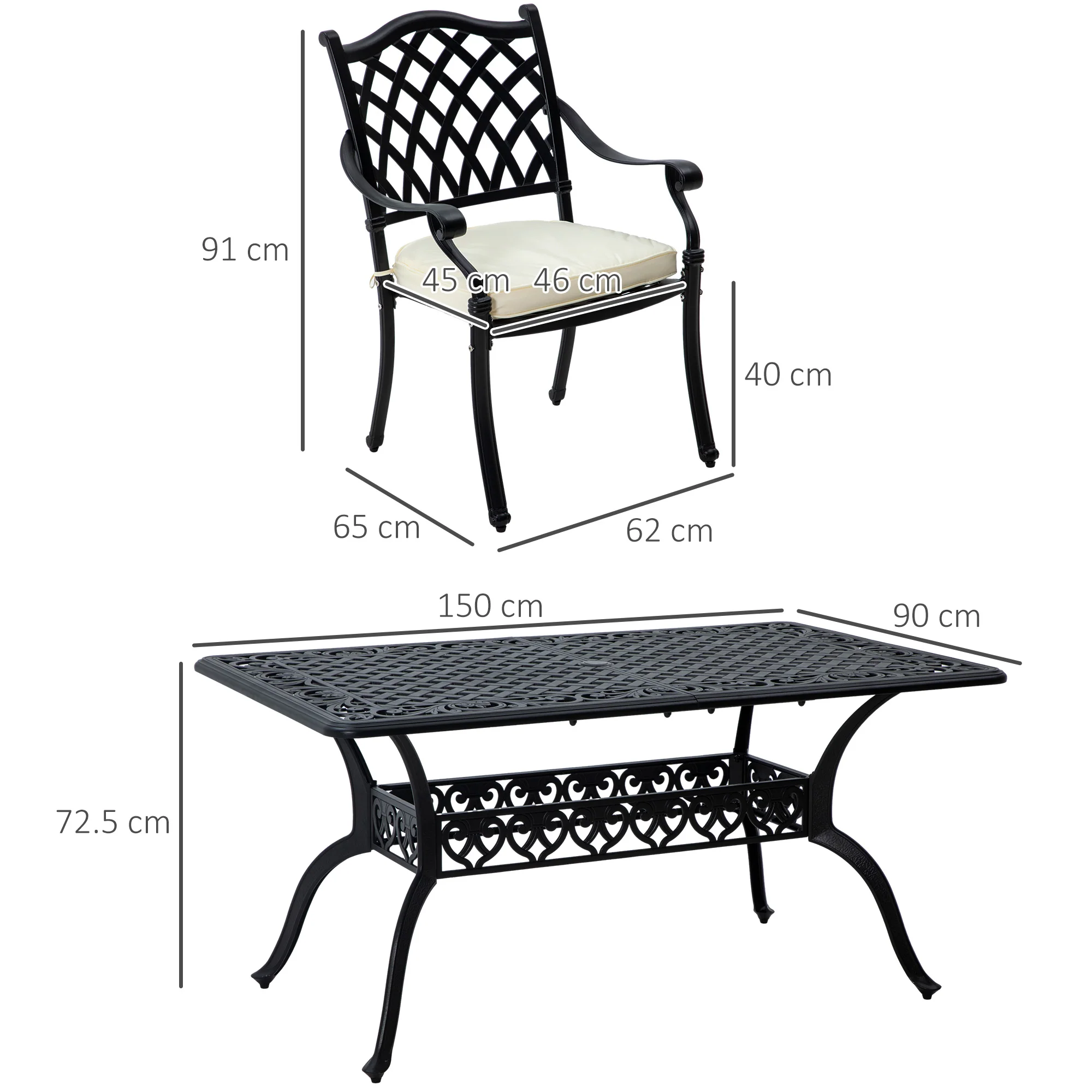 Outsunny 7-PC Cast Aluminium Patio Dining Set w/ Umbrella Hole & Cushion, Black - Image 5