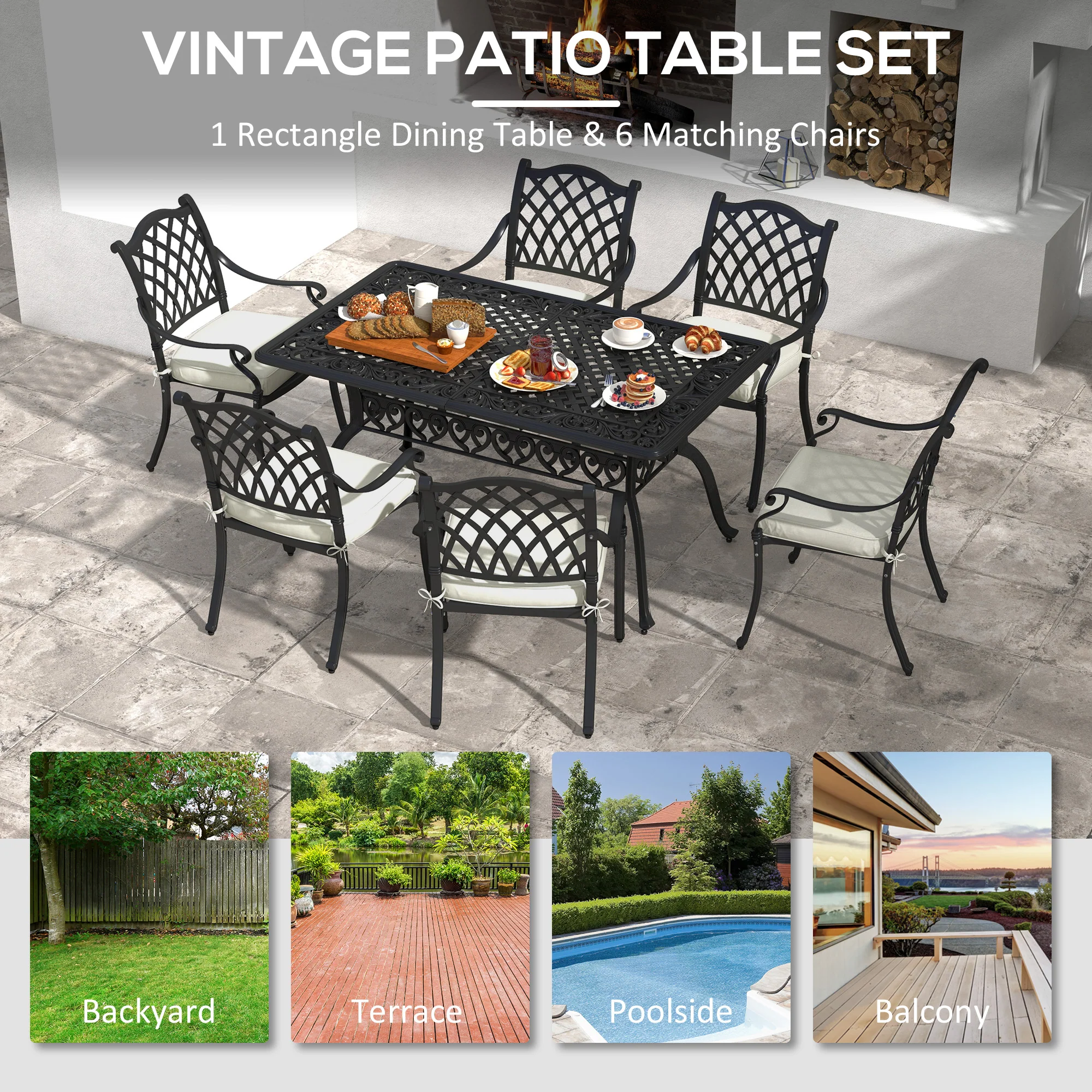 Outsunny 7-PC Cast Aluminium Patio Dining Set w/ Umbrella Hole & Cushion, Black - Image 6