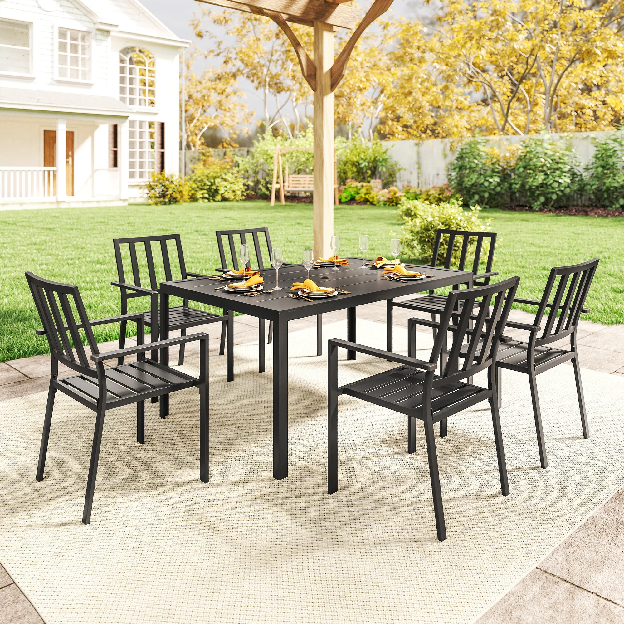 Outsunny 7 PCs Garden Dining Set W/ Stackable Chairs And Metal Top Table, Black - Image 24