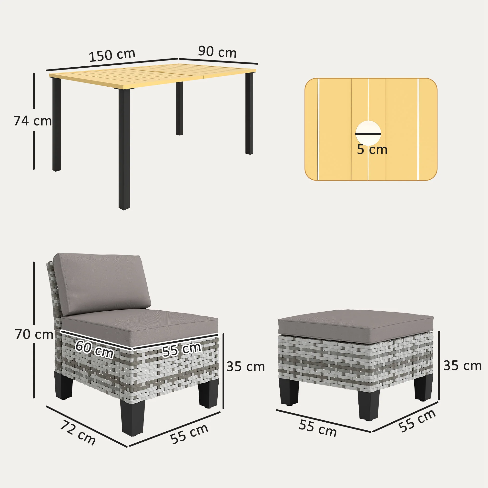 Outsunny 7 PCS Rattan Garden Dining Set with Cushions, Umbrella Hole, Grey - Image 5
