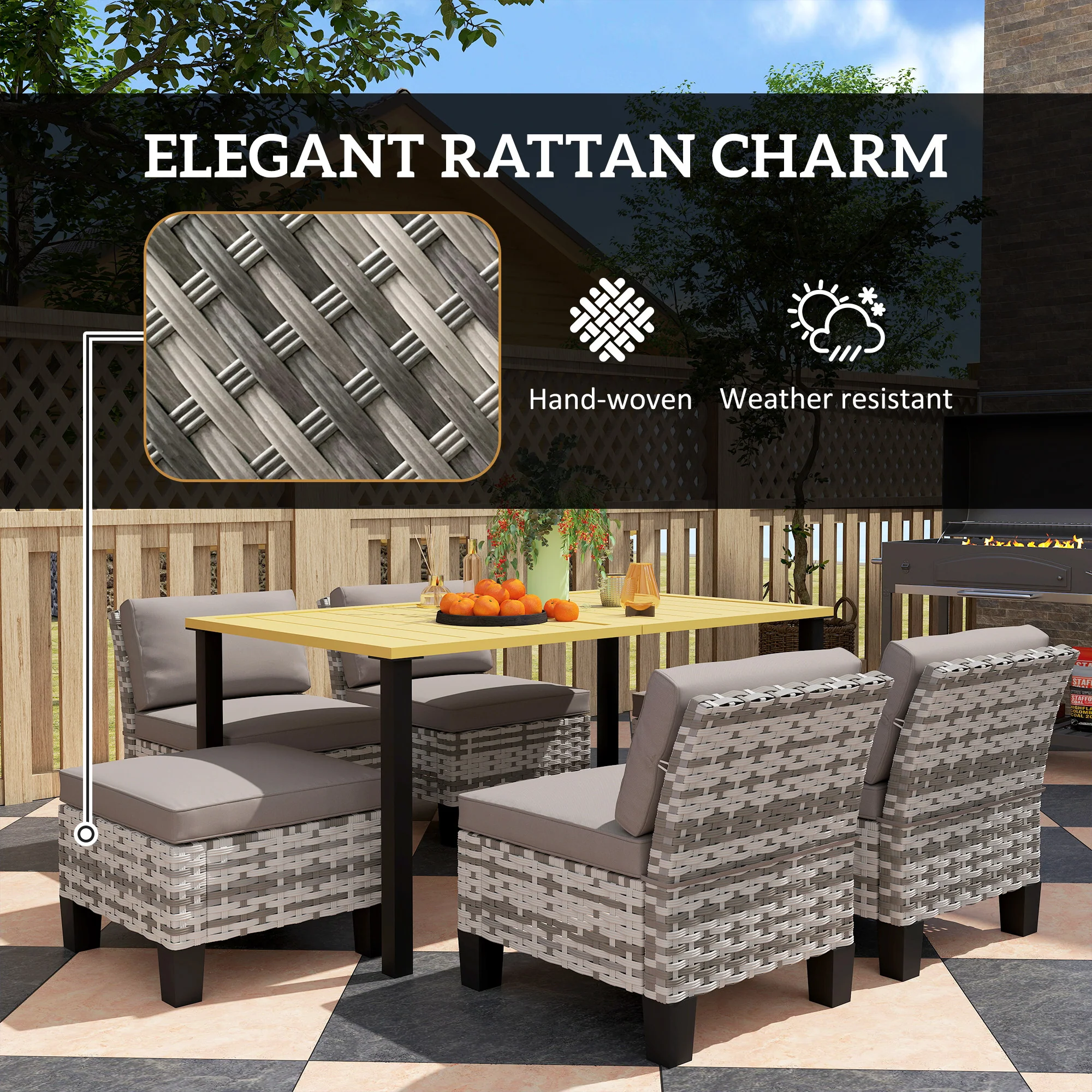 Outsunny 7 PCS Rattan Garden Dining Set with Cushions, Umbrella Hole, Grey - Image 6