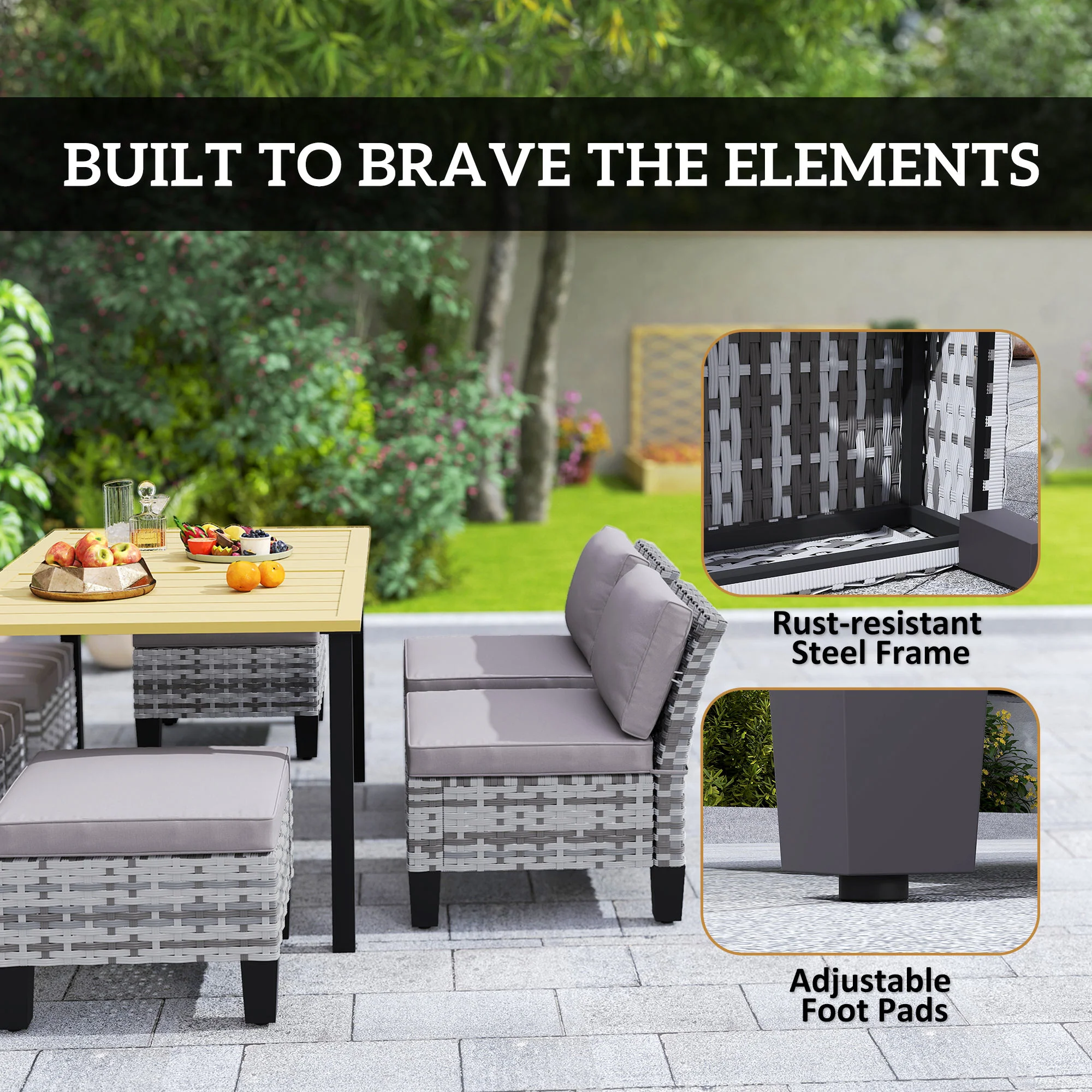 Outsunny 7 PCS Rattan Garden Dining Set with Cushions, Umbrella Hole, Grey - Image 7
