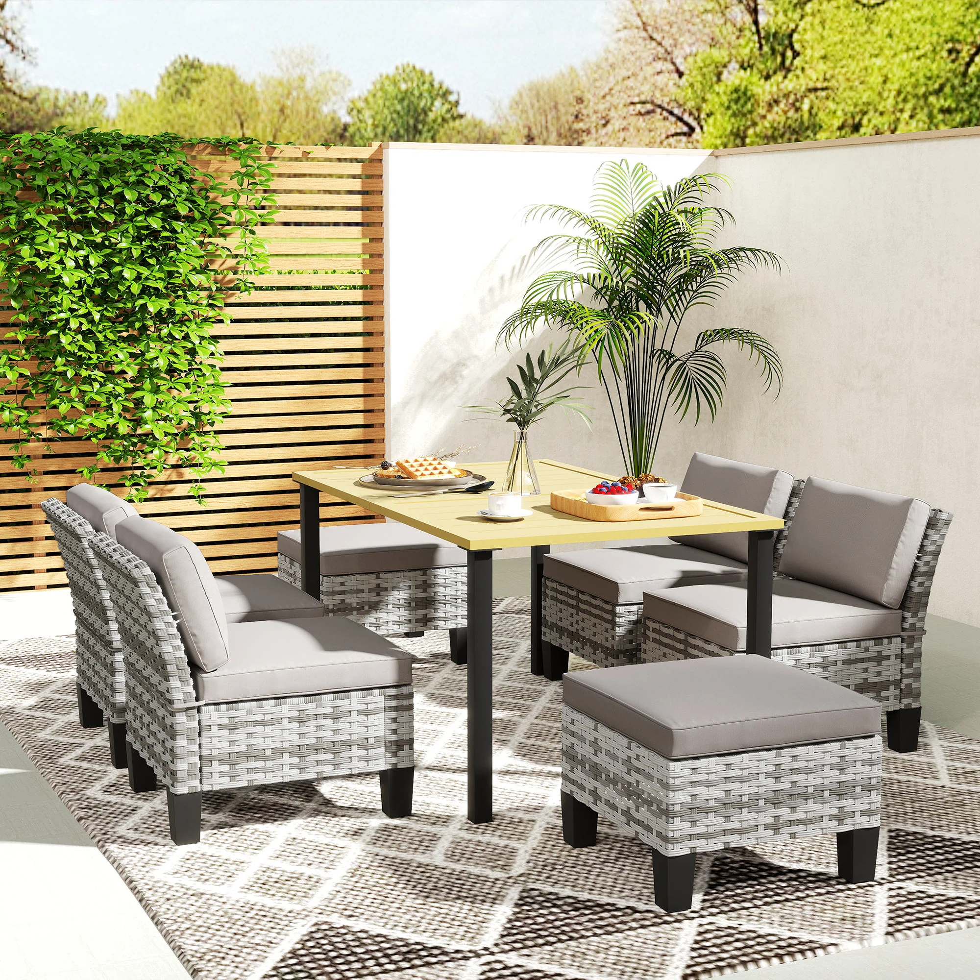 Outsunny 7 PCS Rattan Garden Dining Set with Cushions, Umbrella Hole, Grey - Image 8