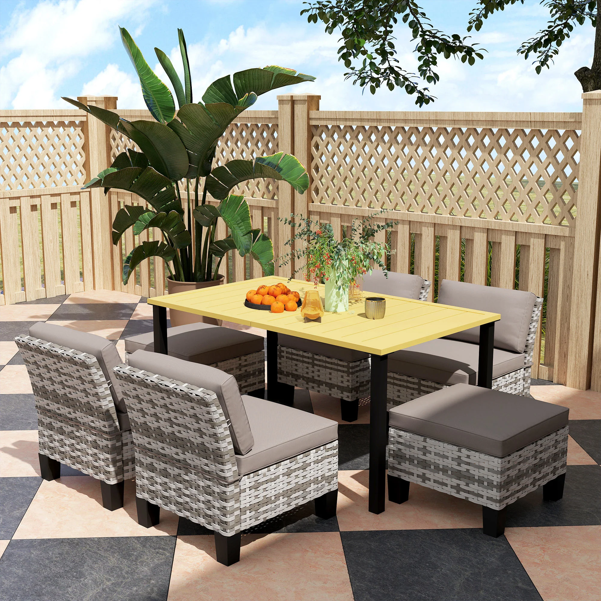 Outsunny 7 PCS Rattan Garden Dining Set with Cushions, Umbrella Hole, Grey - Image 9