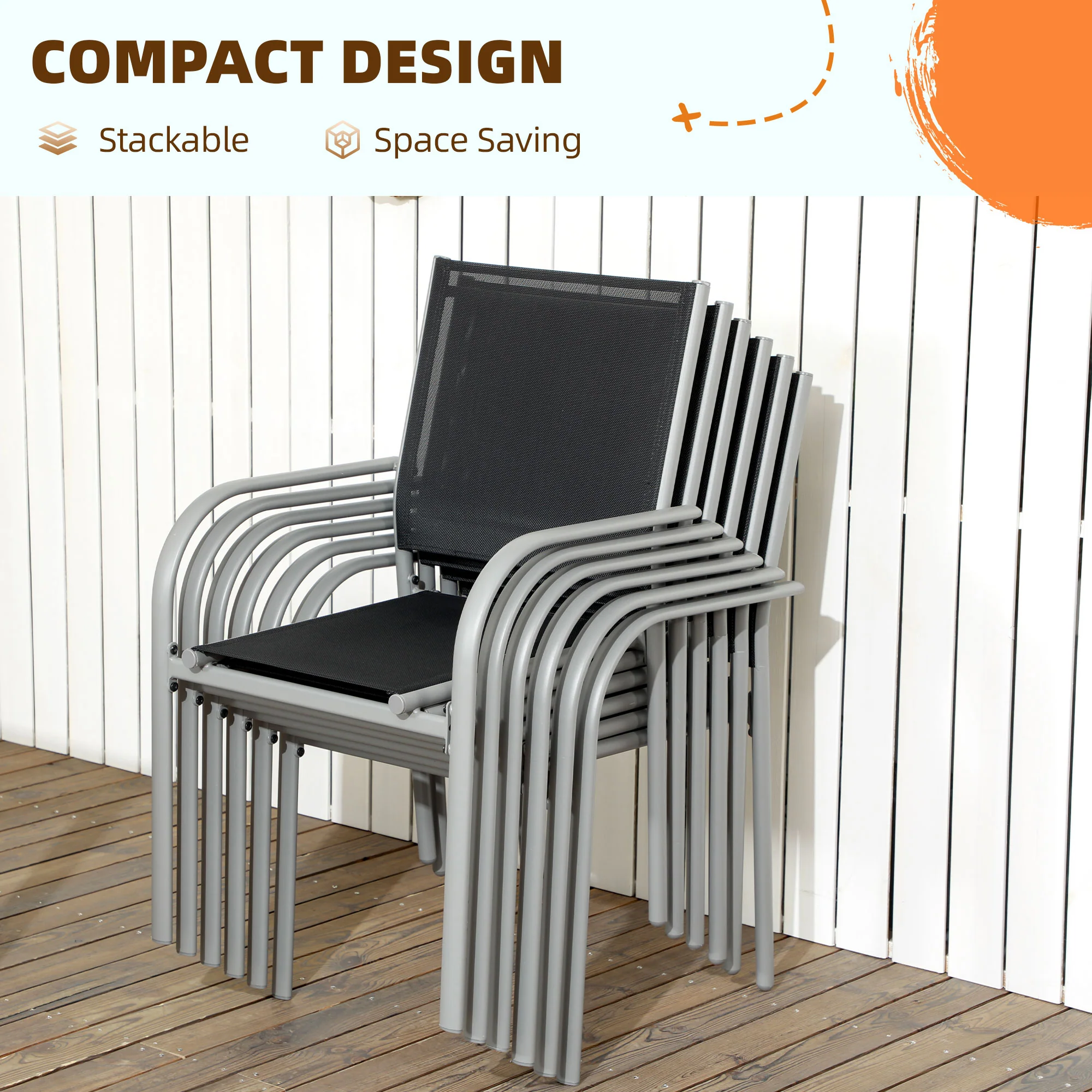 Outsunny 7 Piece Garden Dining Set, Steel Outdoor Table and Chairs, Black - Image 4