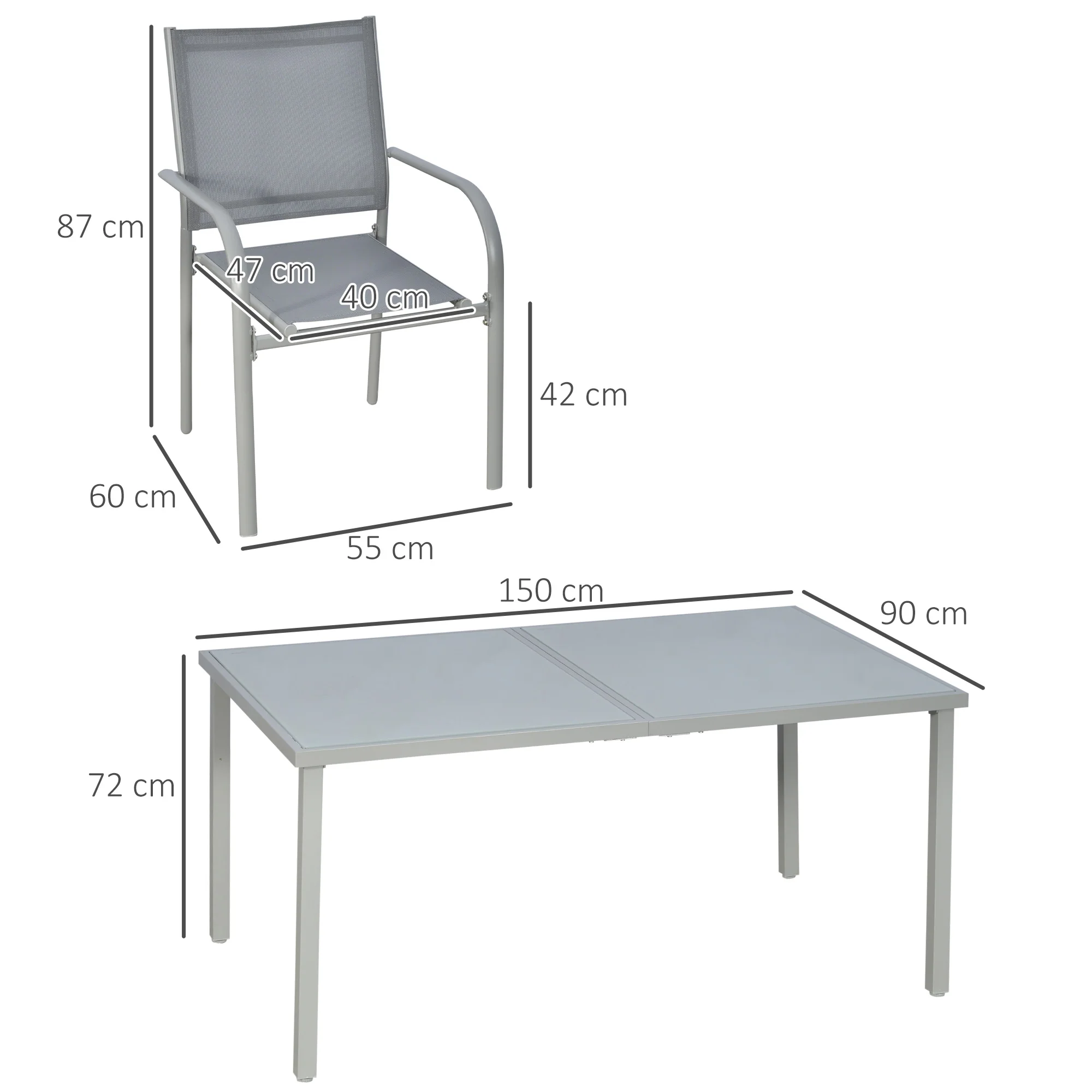 Outsunny 7 Piece Garden Dining Set, Steel Outdoor Table and Chairs, Grey - Image 5