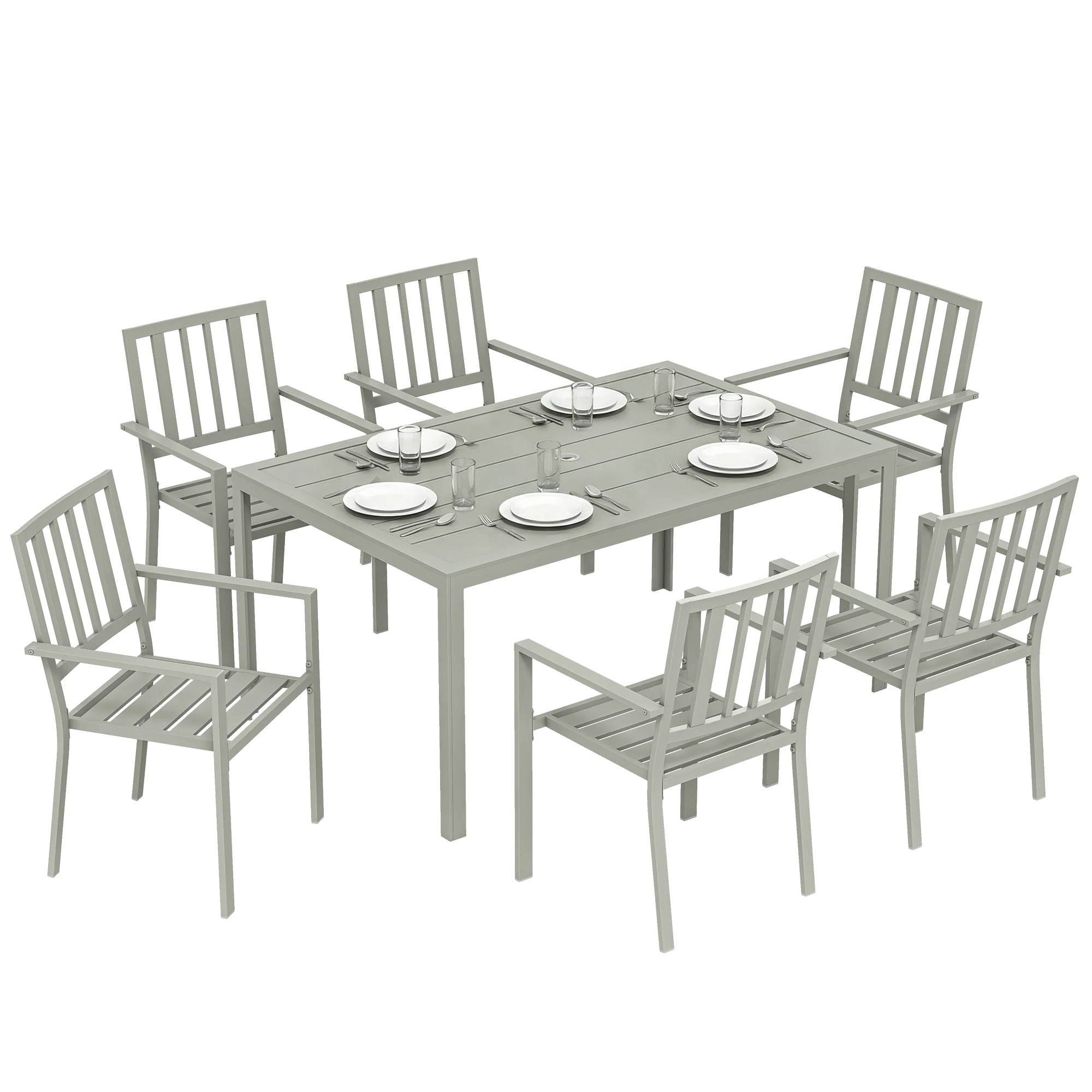 Outsunny 7 Pieces Garden Furniture Set With Stackable Chairs, Light Grey