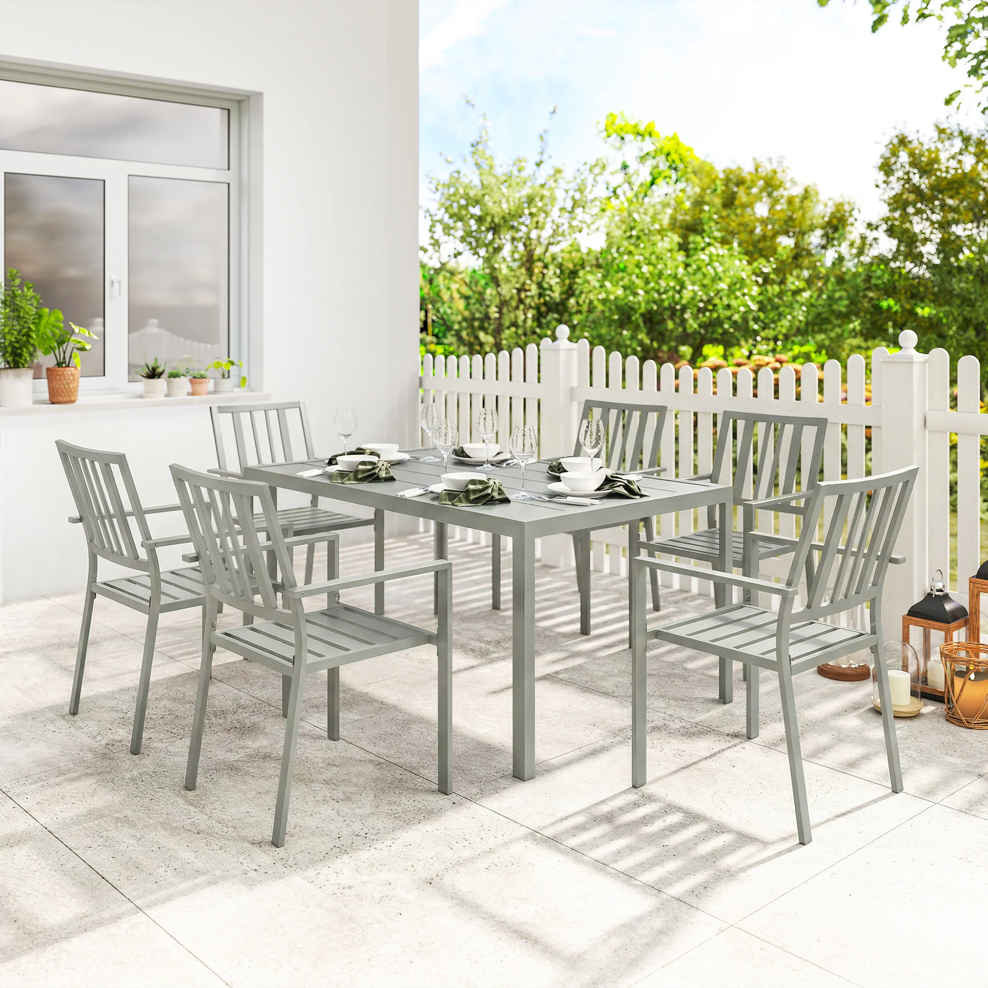 Outsunny 7 Pieces Garden Furniture Set With Stackable Chairs, Light Grey - Image 2