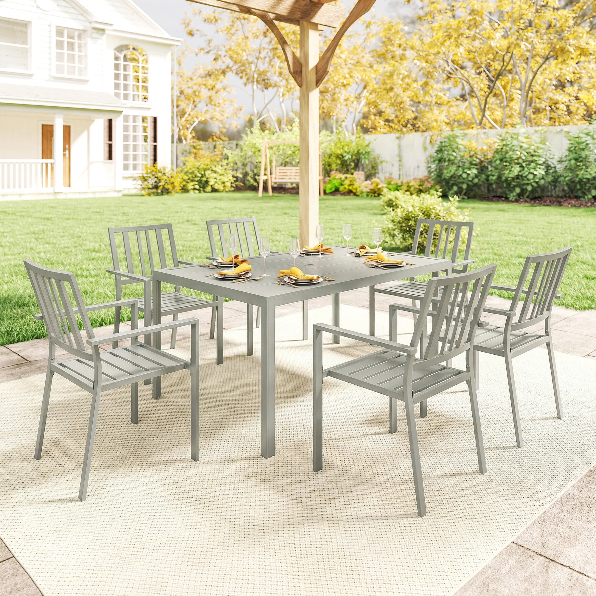 Outsunny 7 Pieces Garden Furniture Set With Stackable Chairs, Light Grey - Image 8
