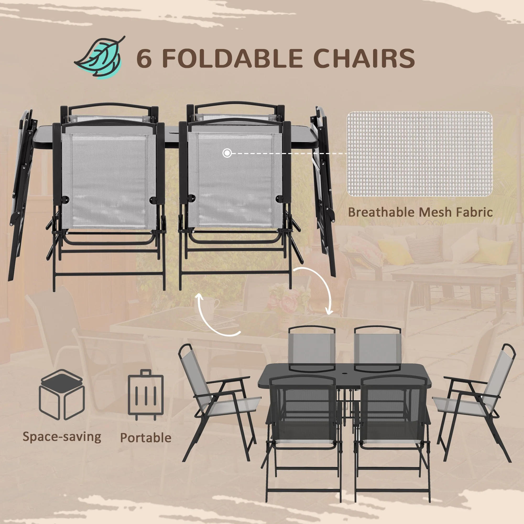 Outsunny 7 Pieces Garden Table and Chairs with Tempered Glass Top Grey - Image 4