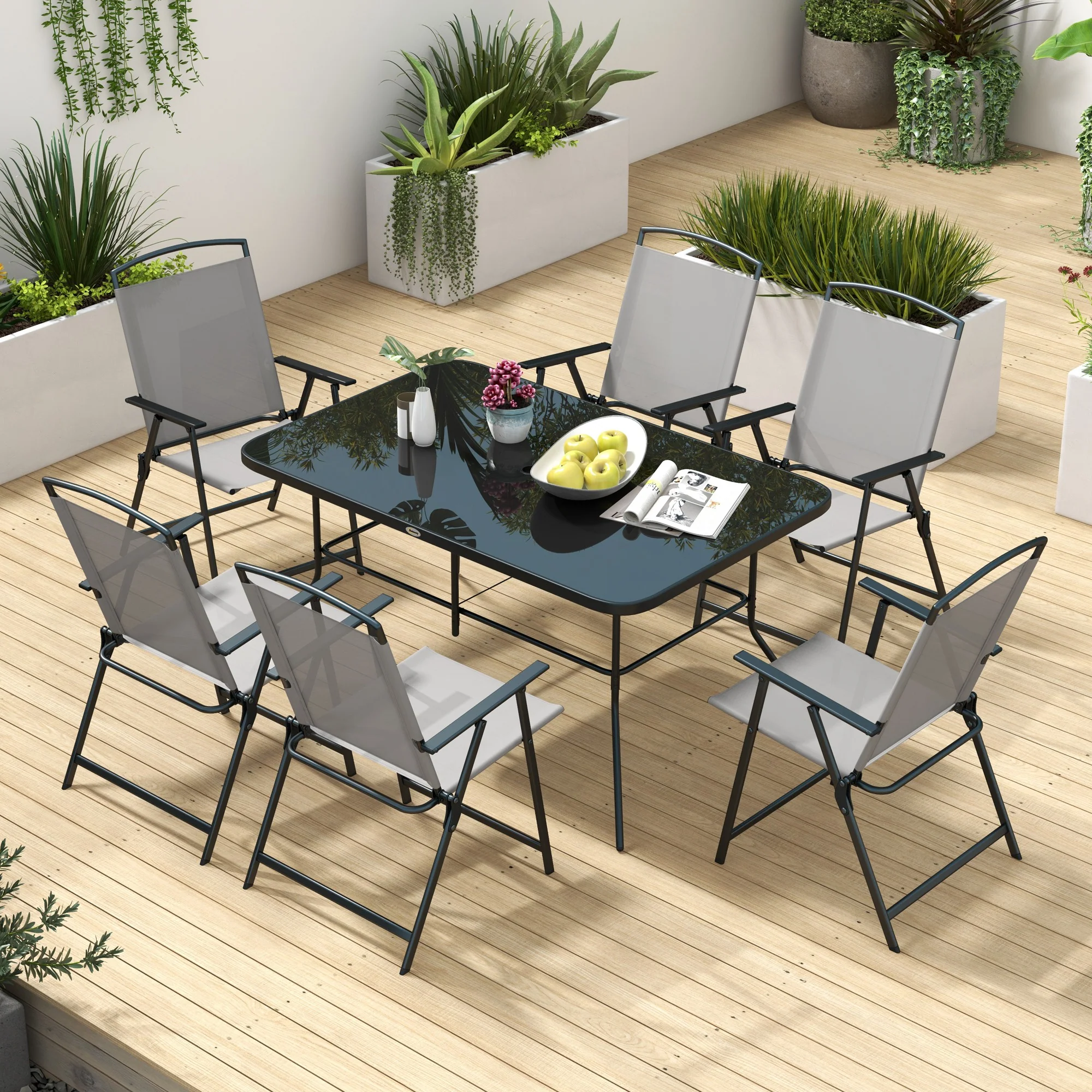 Outsunny 7 Pieces Garden Table and Chairs with Tempered Glass Top Grey - Image 7
