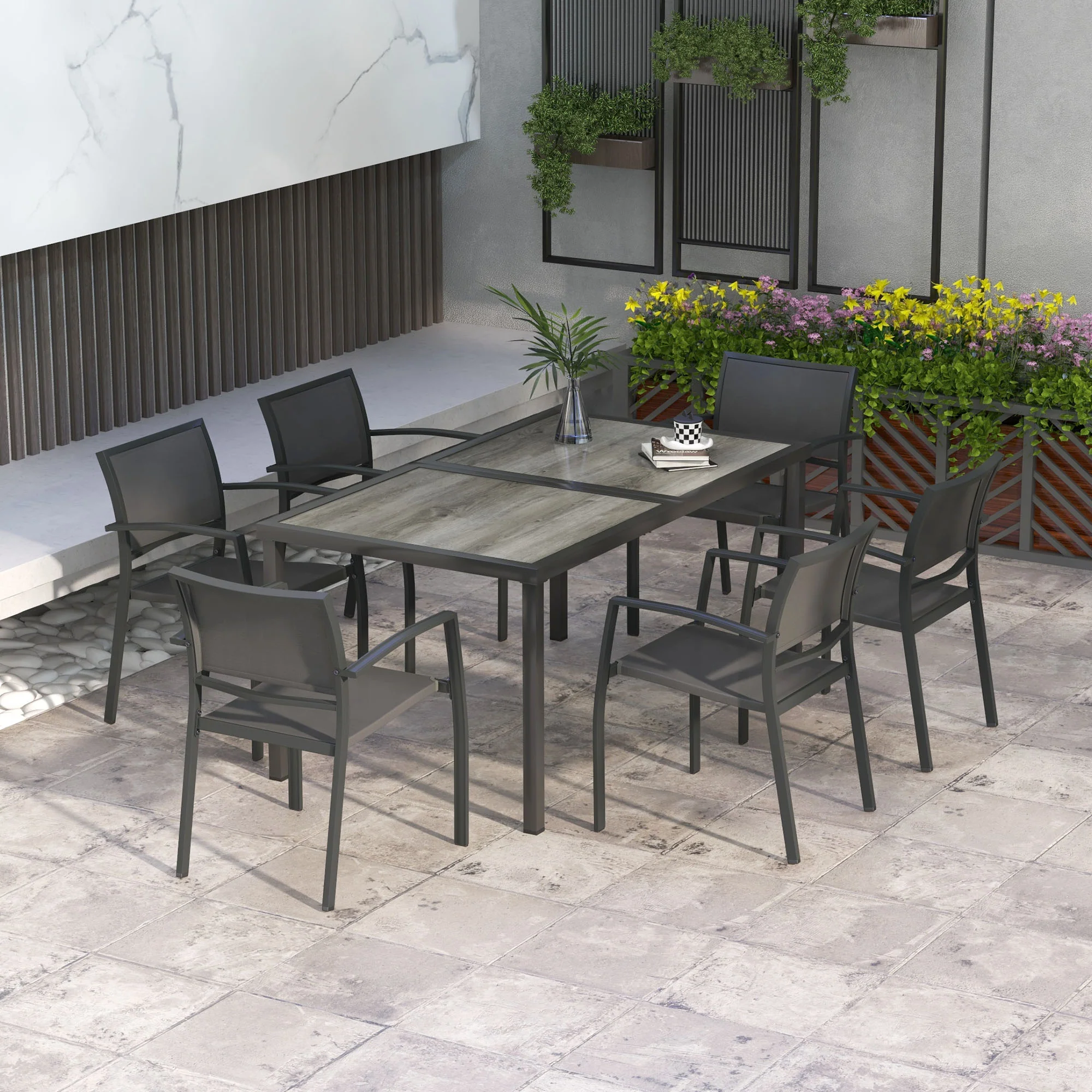 Outsunny 7 Pieces Patio Dining Set with 6 Stackable Chairs for Poolside, Grey - Image 2
